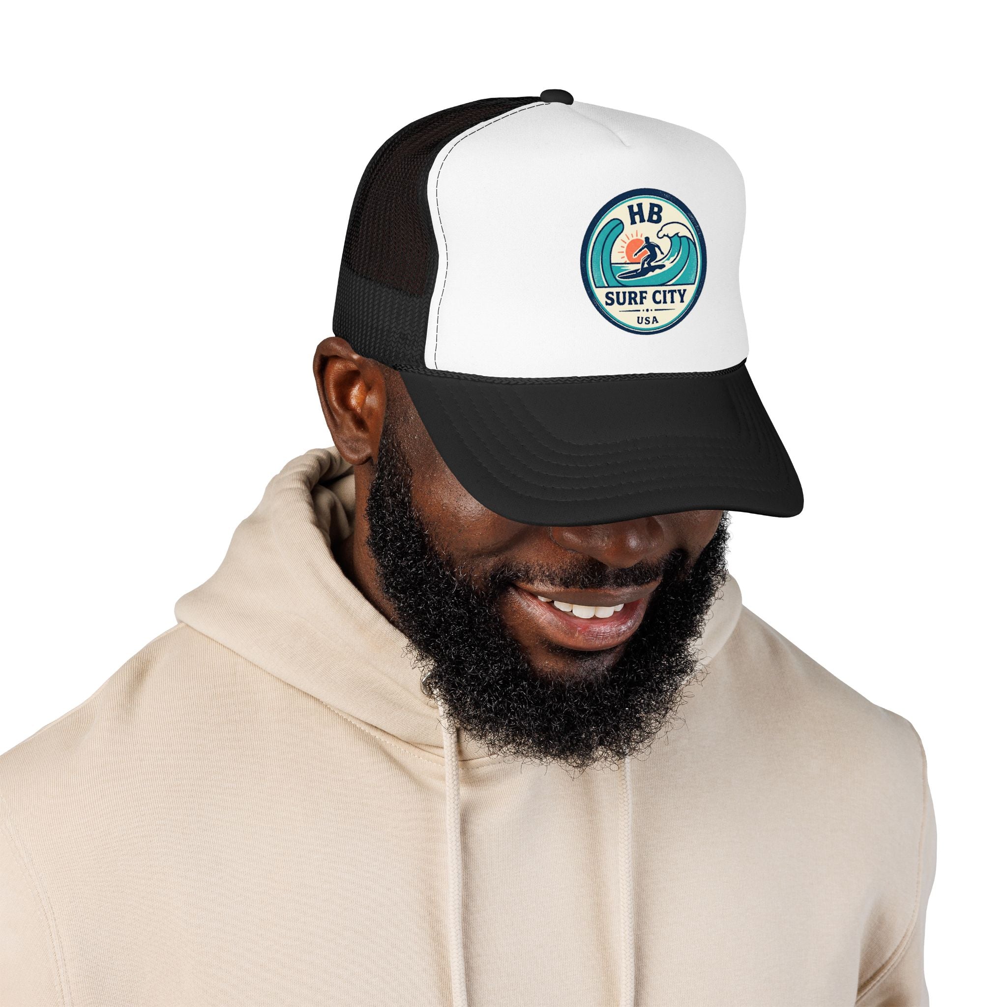 Surf City HB Trucker Hat — Retro Wave Surf Patch Foam Cap