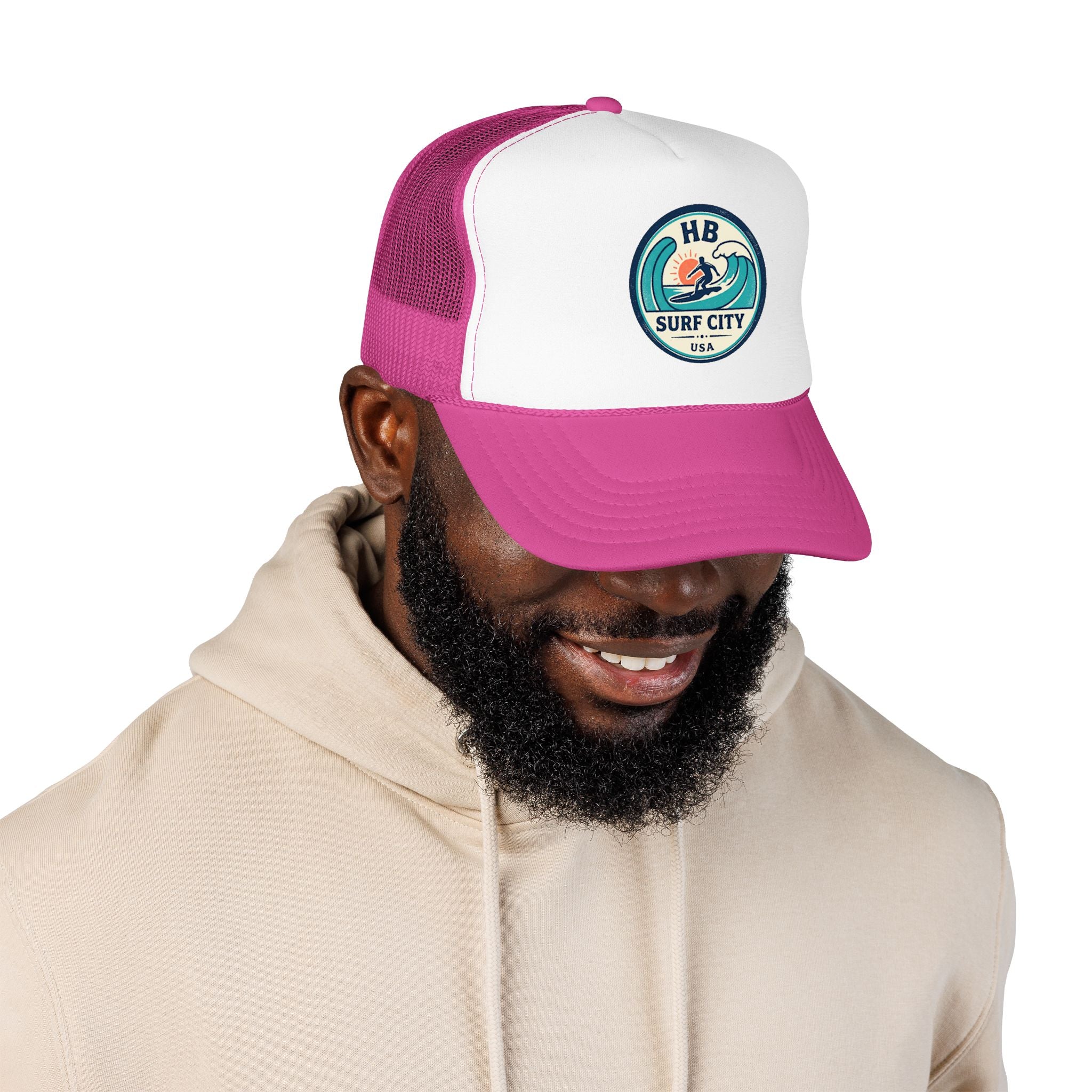 Surf City HB Trucker Hat — Retro Wave Surf Patch Foam Cap