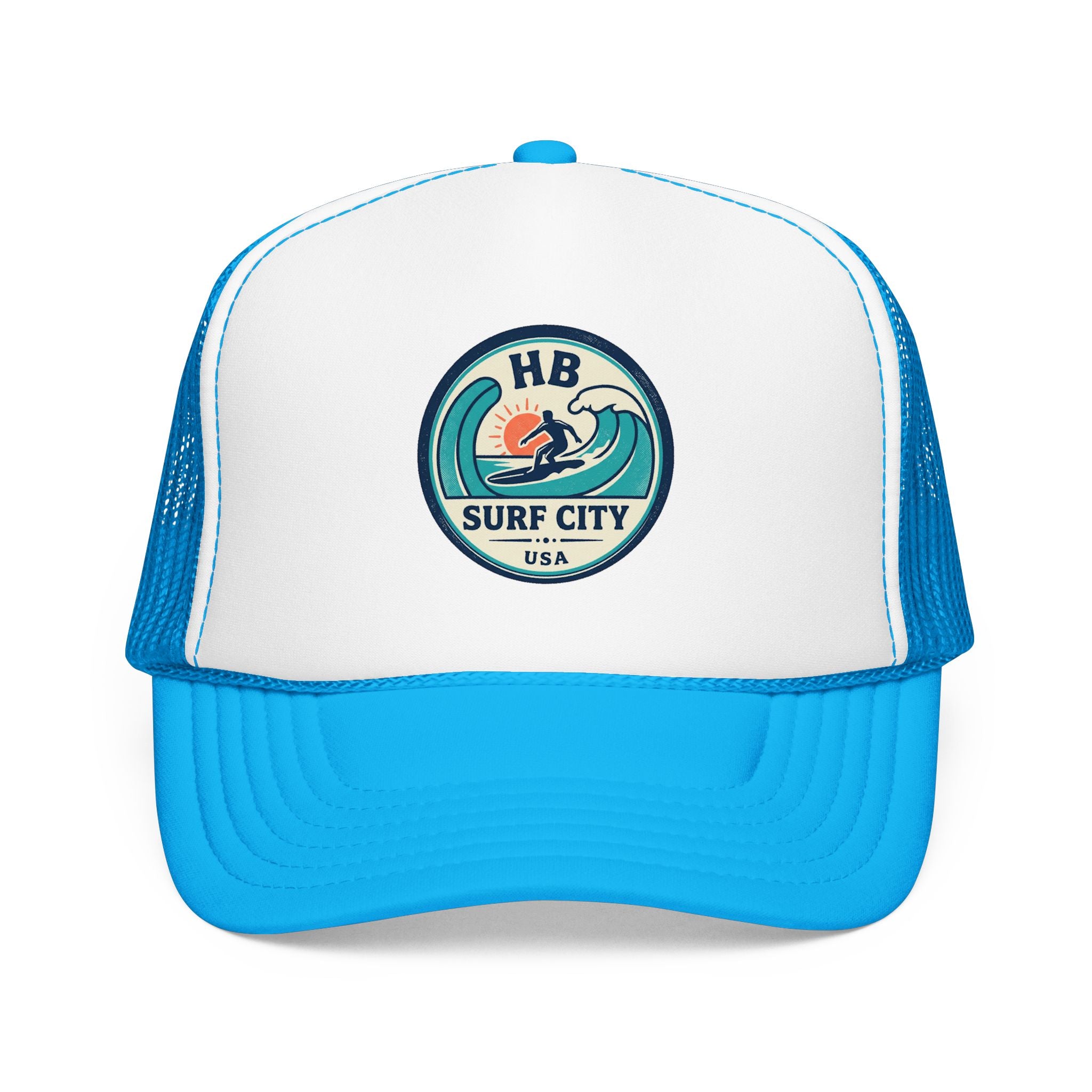 Surf City HB Trucker Hat — Retro Wave Surf Patch Foam Cap