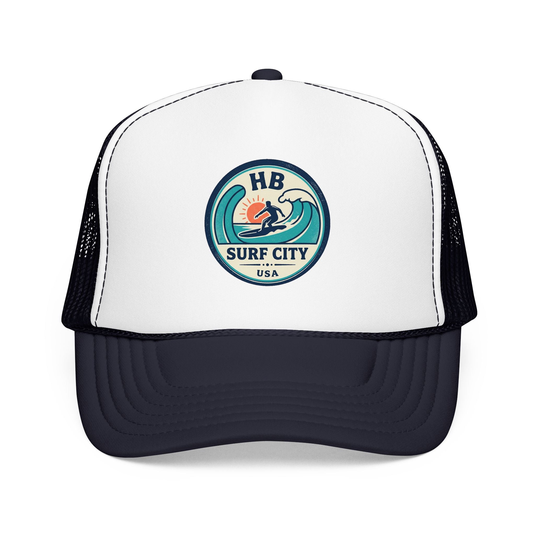 Surf City HB Trucker Hat — Retro Wave Surf Patch Foam Cap