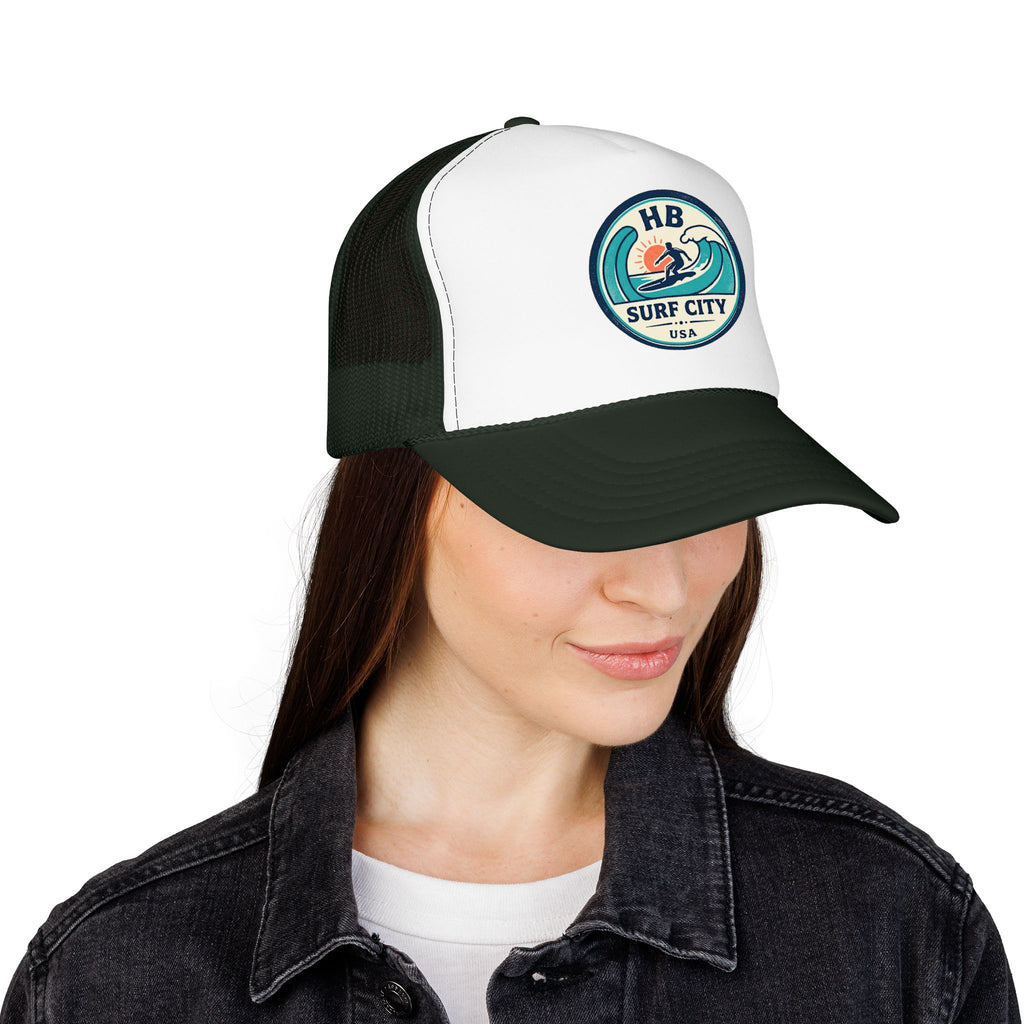 Surf City HB Trucker Hat — Retro Wave Surf Patch Foam Cap