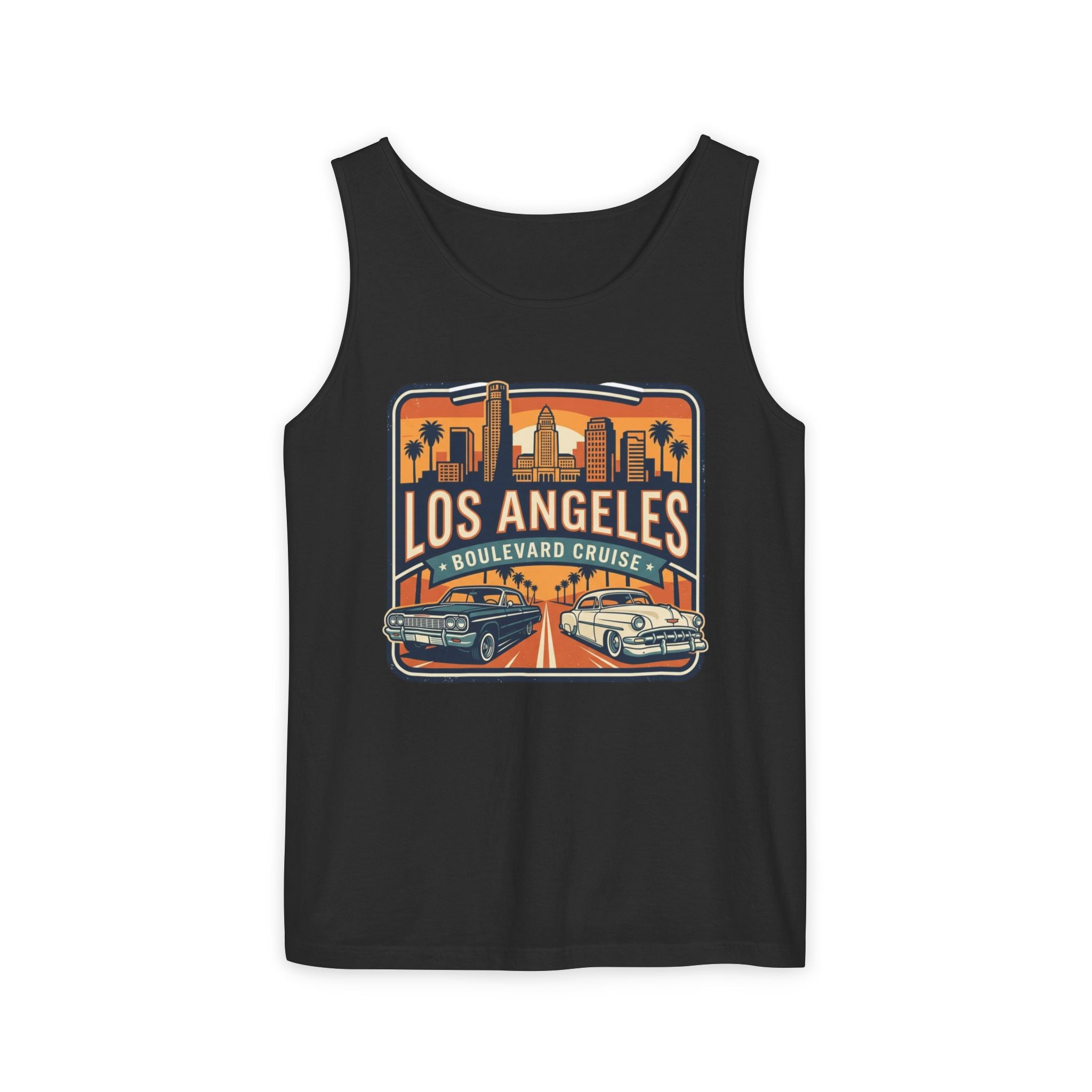 Los Angeles Boulevard Cruise Tank Top — Vintage City Skyline & Classic Cars