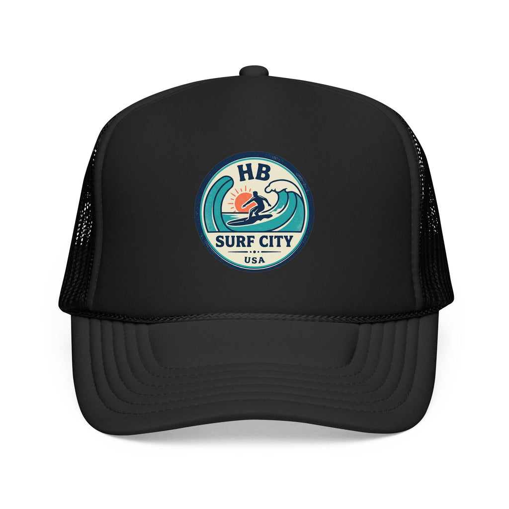 Surf City HB Trucker Hat — Retro Wave Surf Patch Foam Cap
