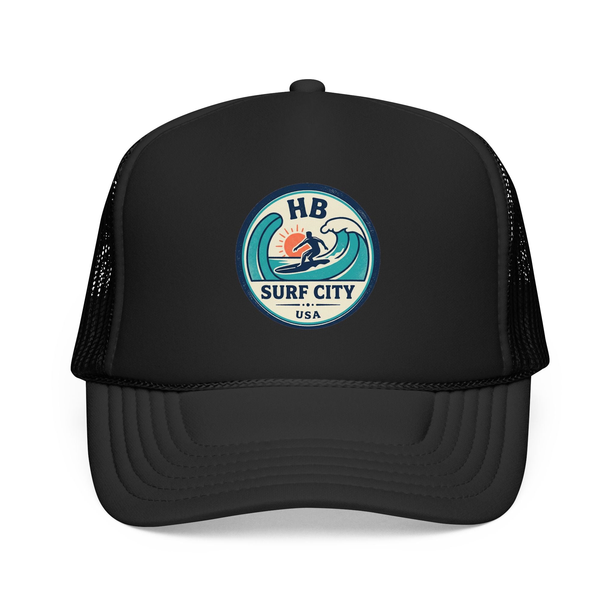 Surf City HB Trucker Hat — Retro Wave Surf Patch Foam Cap