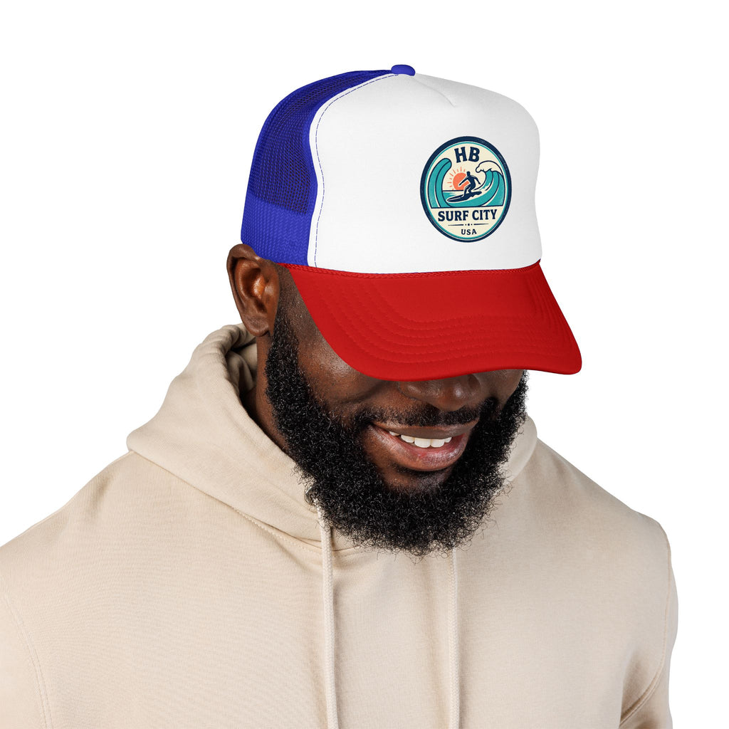 Surf City HB Trucker Hat — Retro Wave Surf Patch Foam Cap
