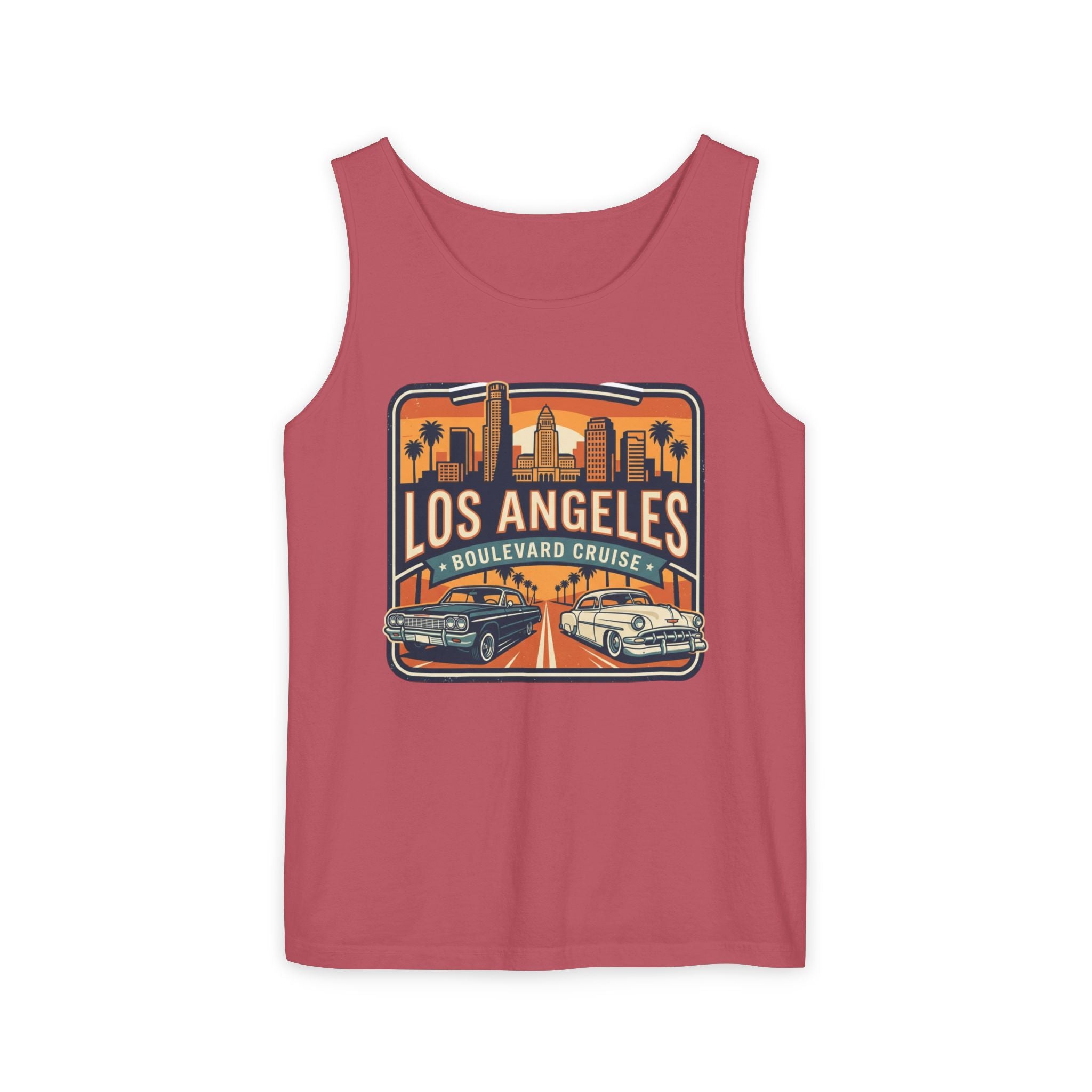Los Angeles Boulevard Cruise Tank Top — Vintage City Skyline & Classic Cars