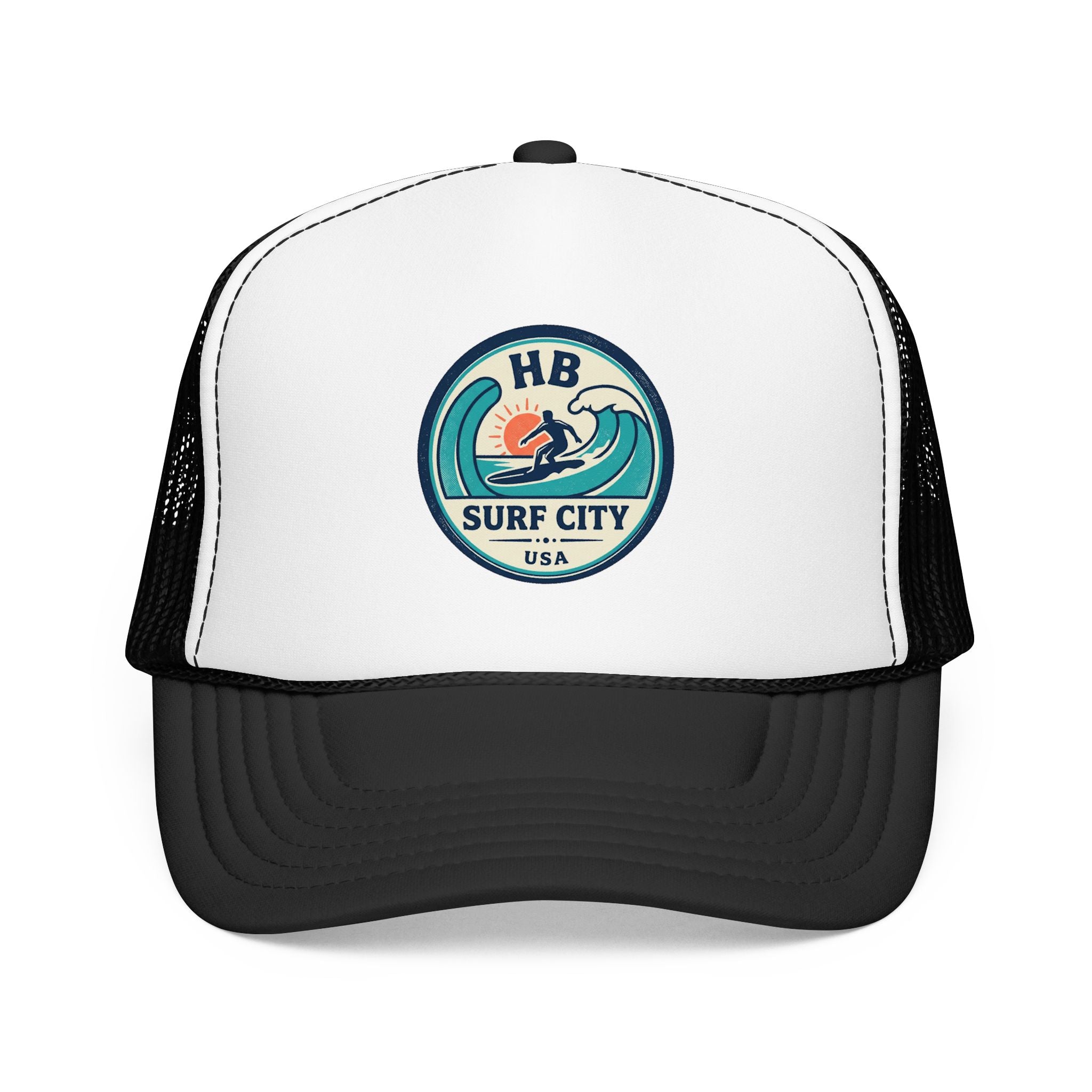 Surf City HB Trucker Hat — Retro Wave Surf Patch Foam Cap