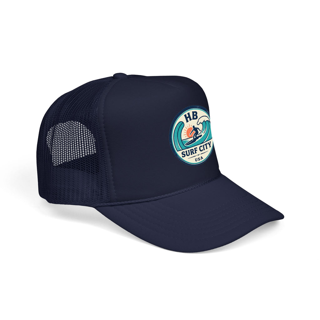 Surf City HB Trucker Hat — Retro Wave Surf Patch Foam Cap