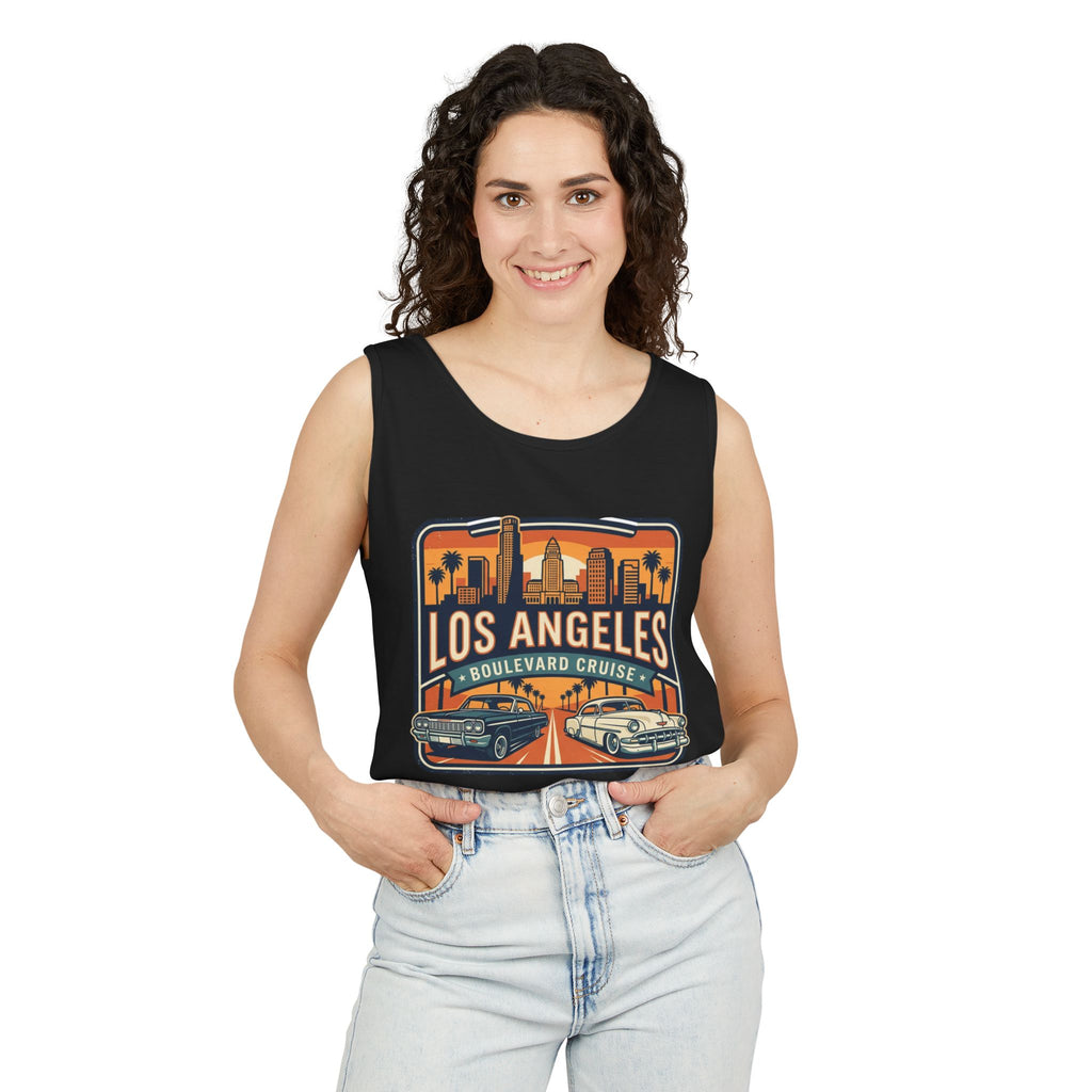Los Angeles Boulevard Cruise Tank Top — Vintage City Skyline & Classic Cars