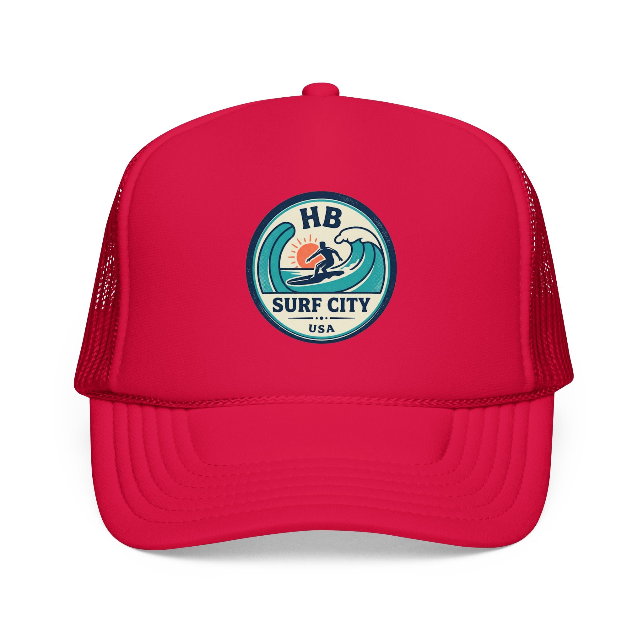 Surf City HB Trucker Hat — Retro Wave Surf Patch Foam Cap
