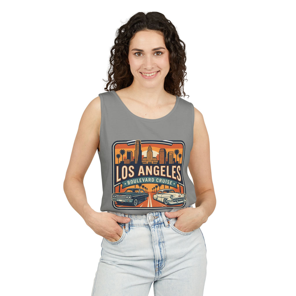 Los Angeles Boulevard Cruise Tank Top — Vintage City Skyline & Classic Cars
