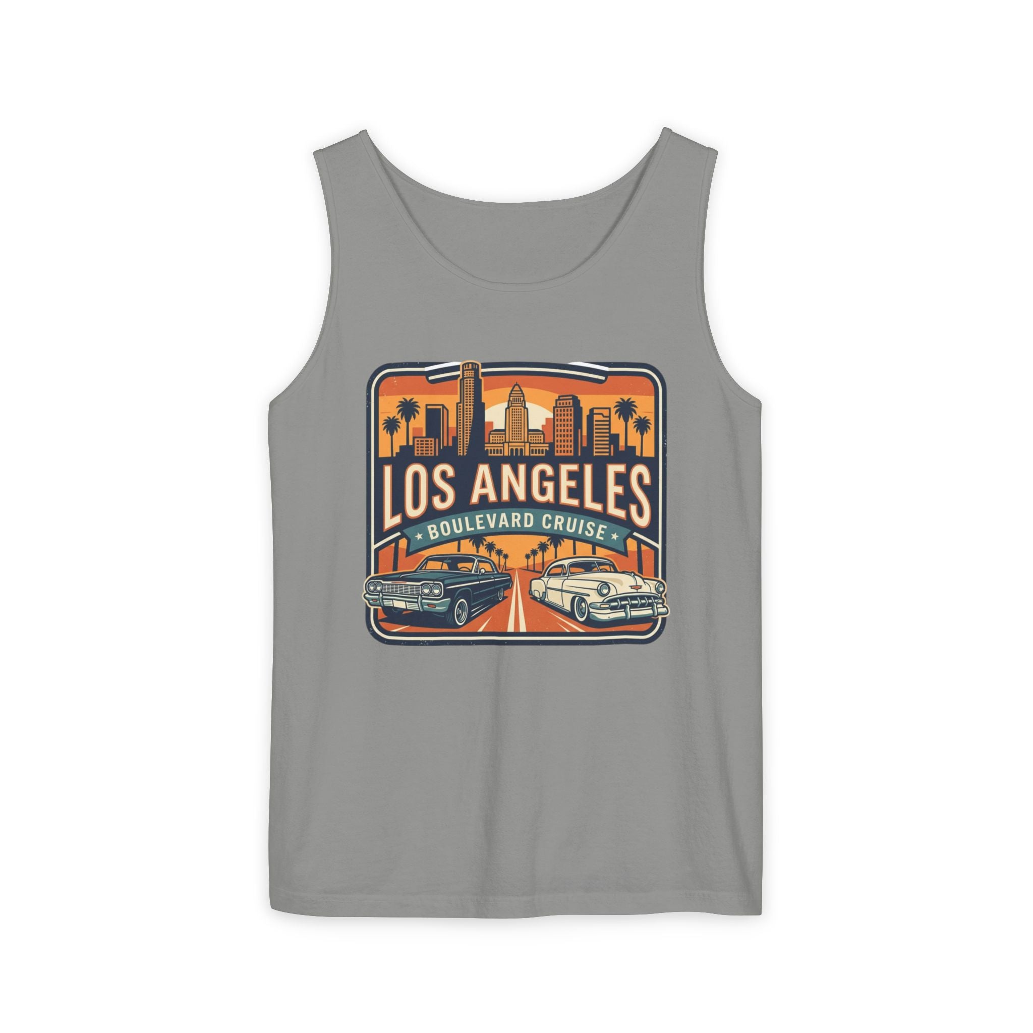 Los Angeles Boulevard Cruise Tank Top — Vintage City Skyline & Classic Cars