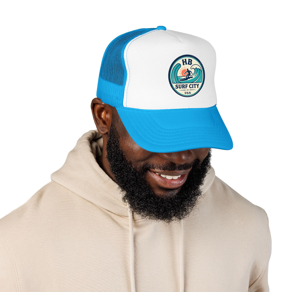 Surf City HB Trucker Hat — Retro Wave Surf Patch Foam Cap