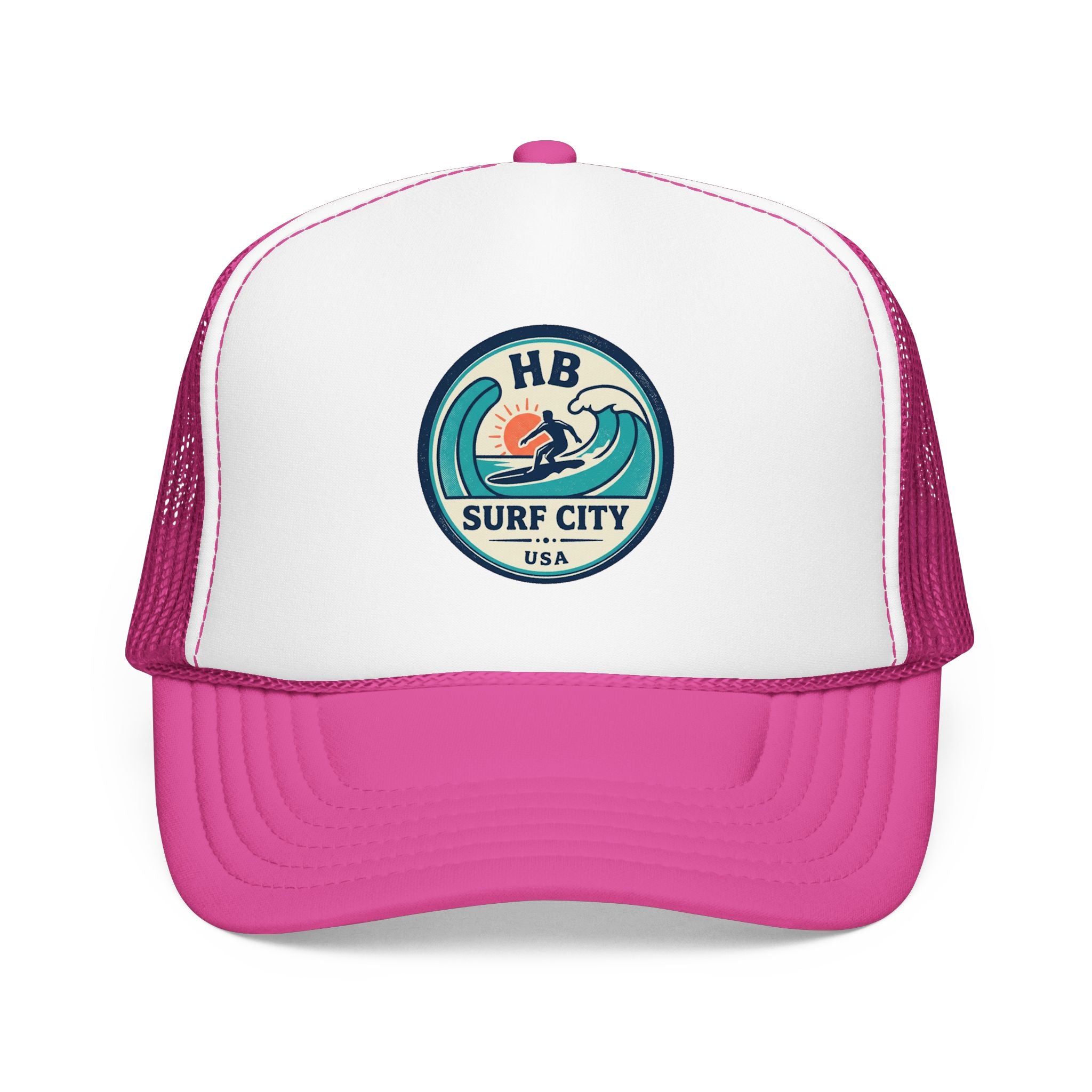 Surf City HB Trucker Hat — Retro Wave Surf Patch Foam Cap