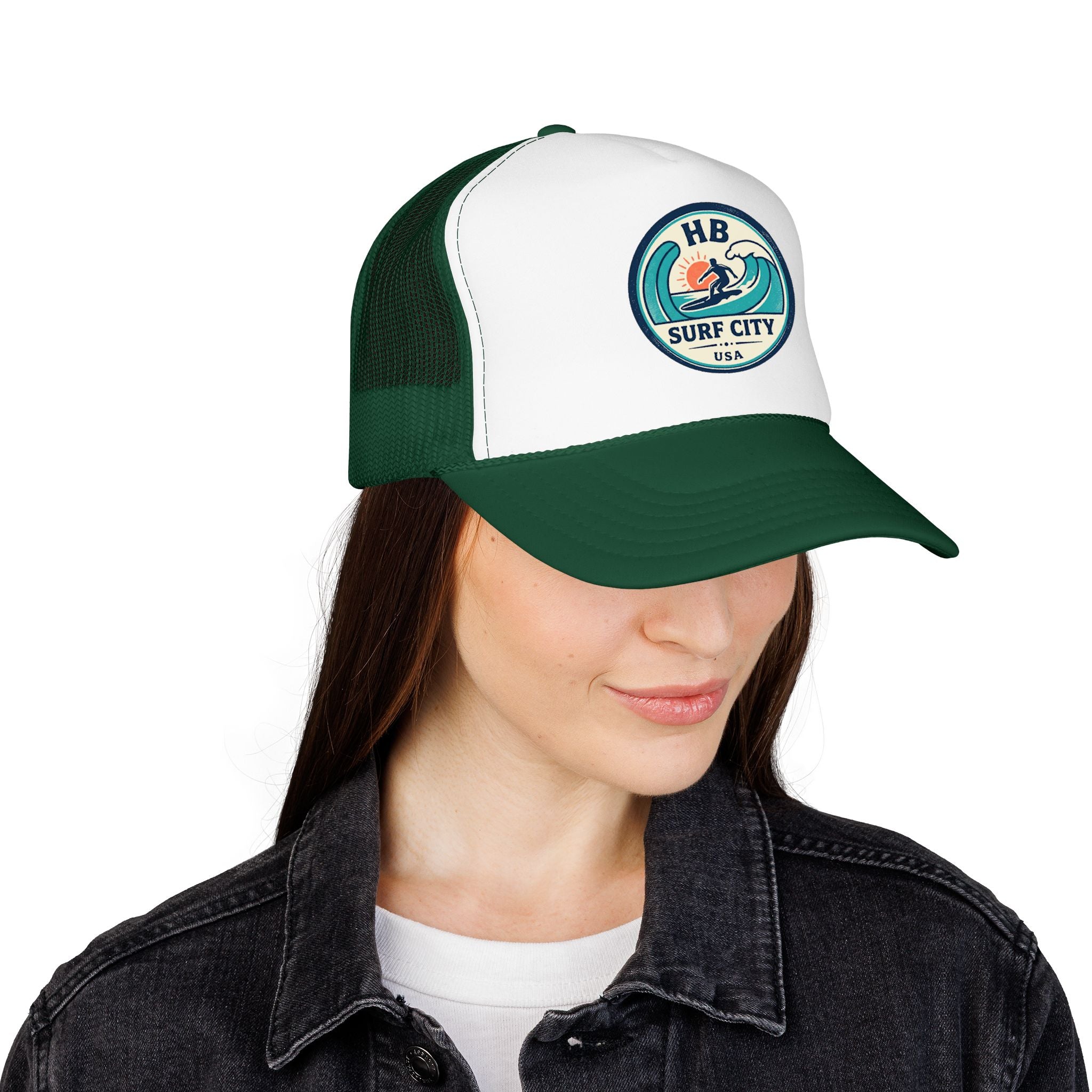 Surf City HB Trucker Hat — Retro Wave Surf Patch Foam Cap