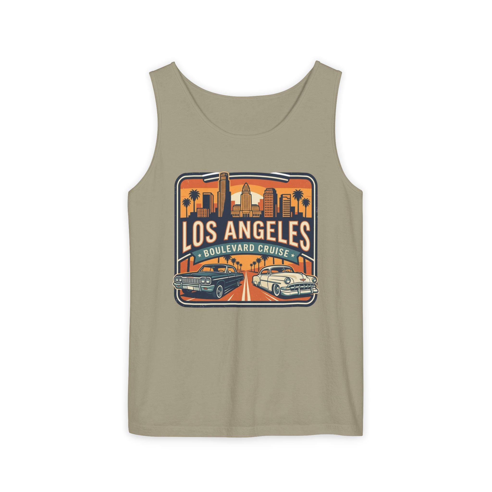 Los Angeles Boulevard Cruise Tank Top — Vintage City Skyline & Classic Cars