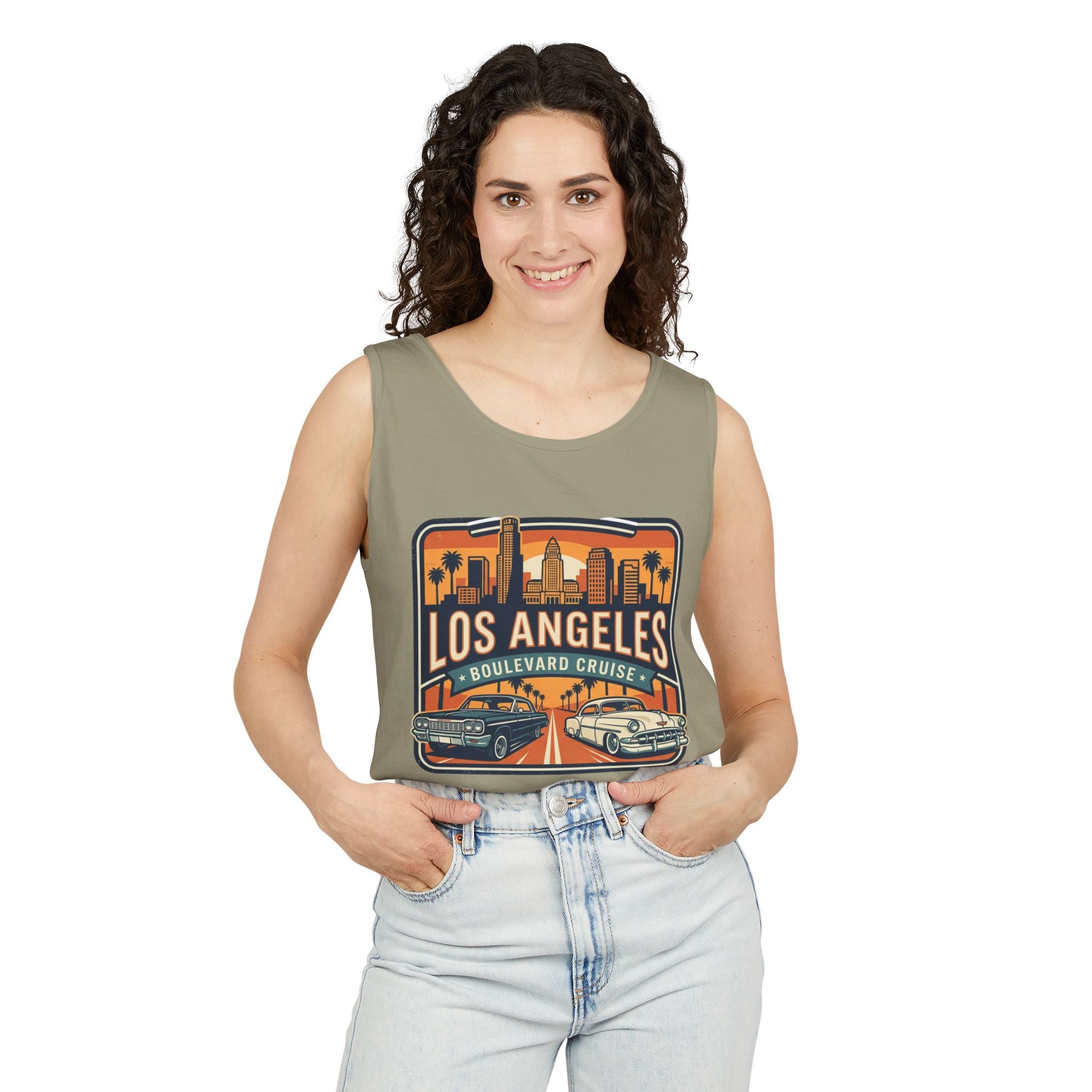 Los Angeles Boulevard Cruise Tank Top — Vintage City Skyline & Classic Cars