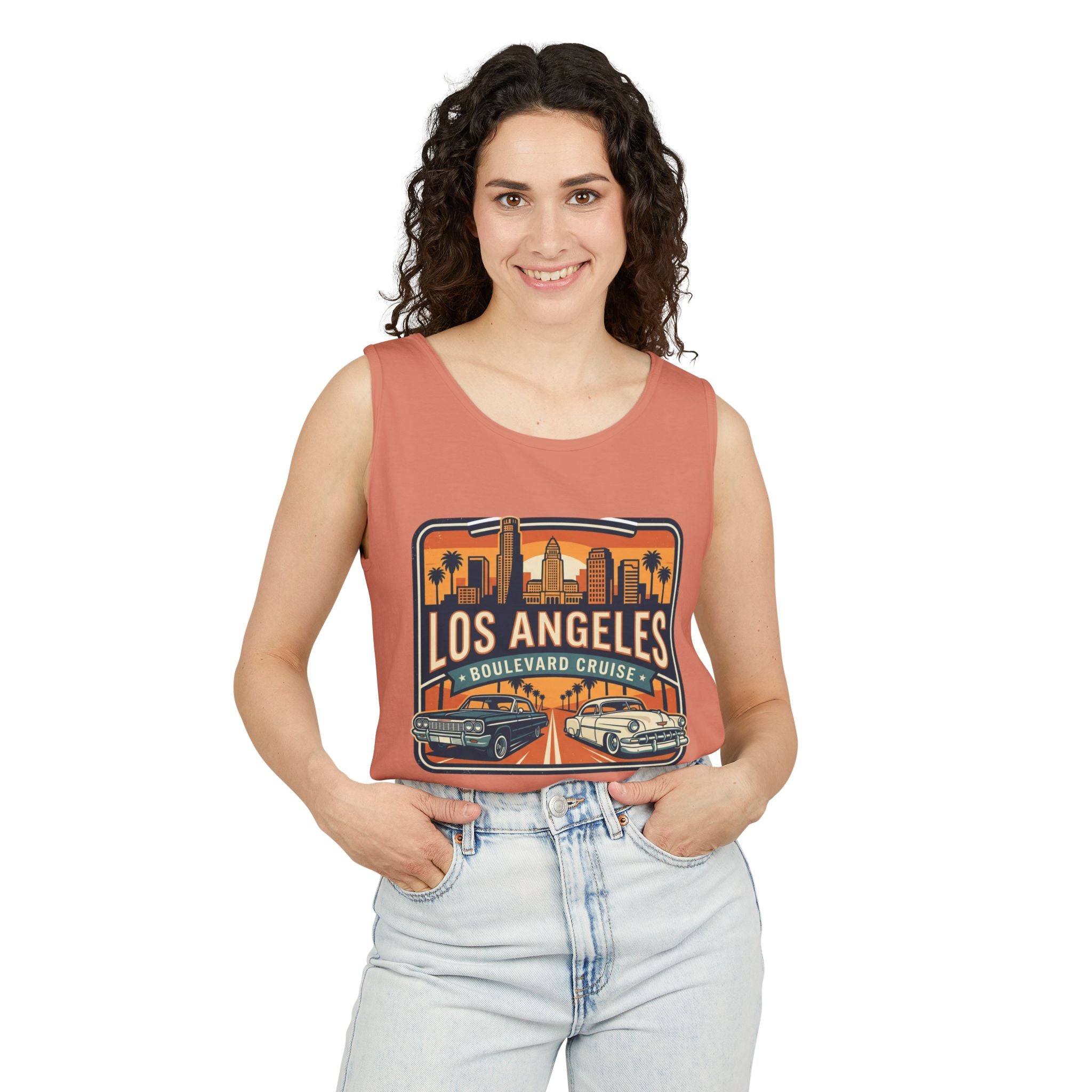 Los Angeles Boulevard Cruise Tank Top — Vintage City Skyline & Classic Cars