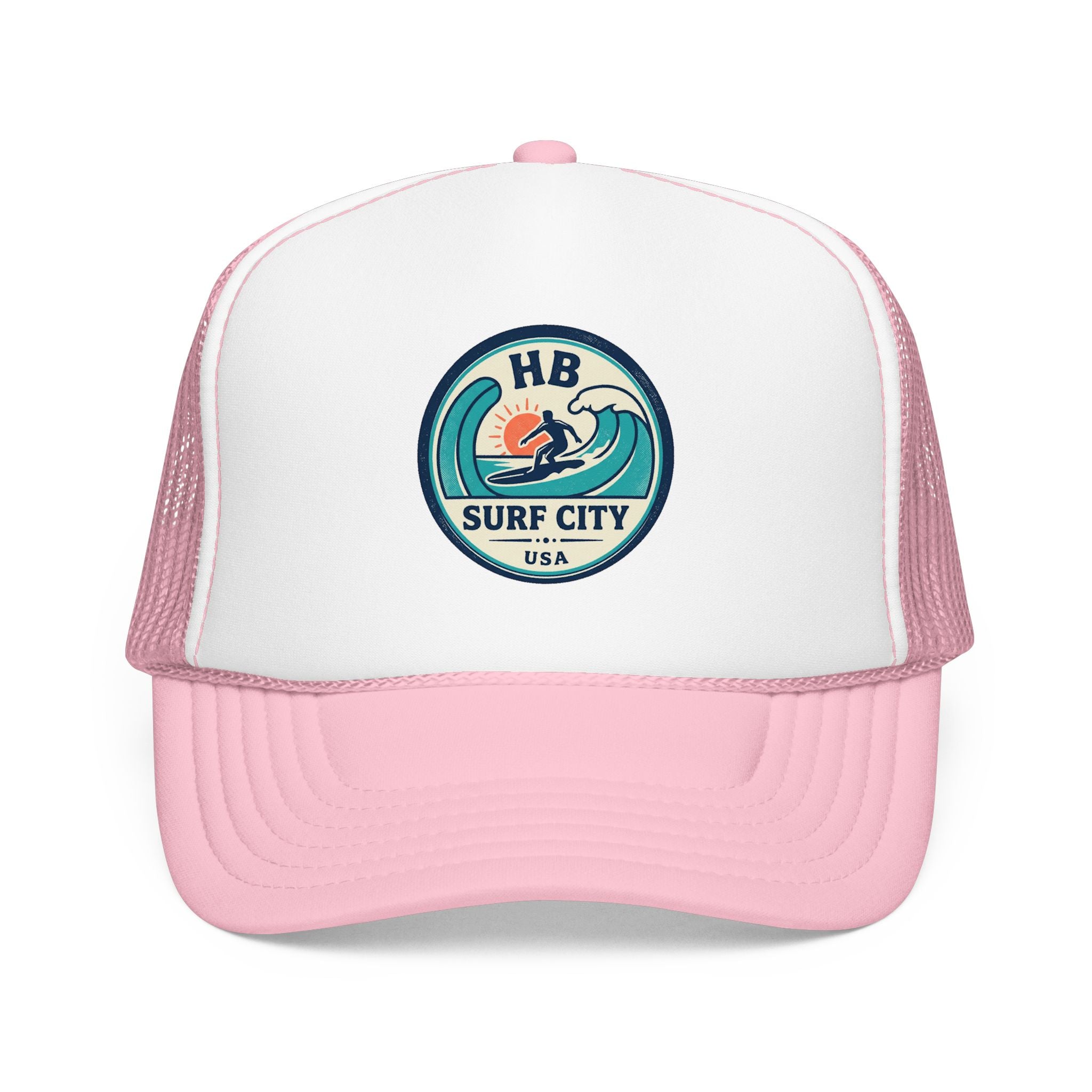 Surf City HB Trucker Hat — Retro Wave Surf Patch Foam Cap