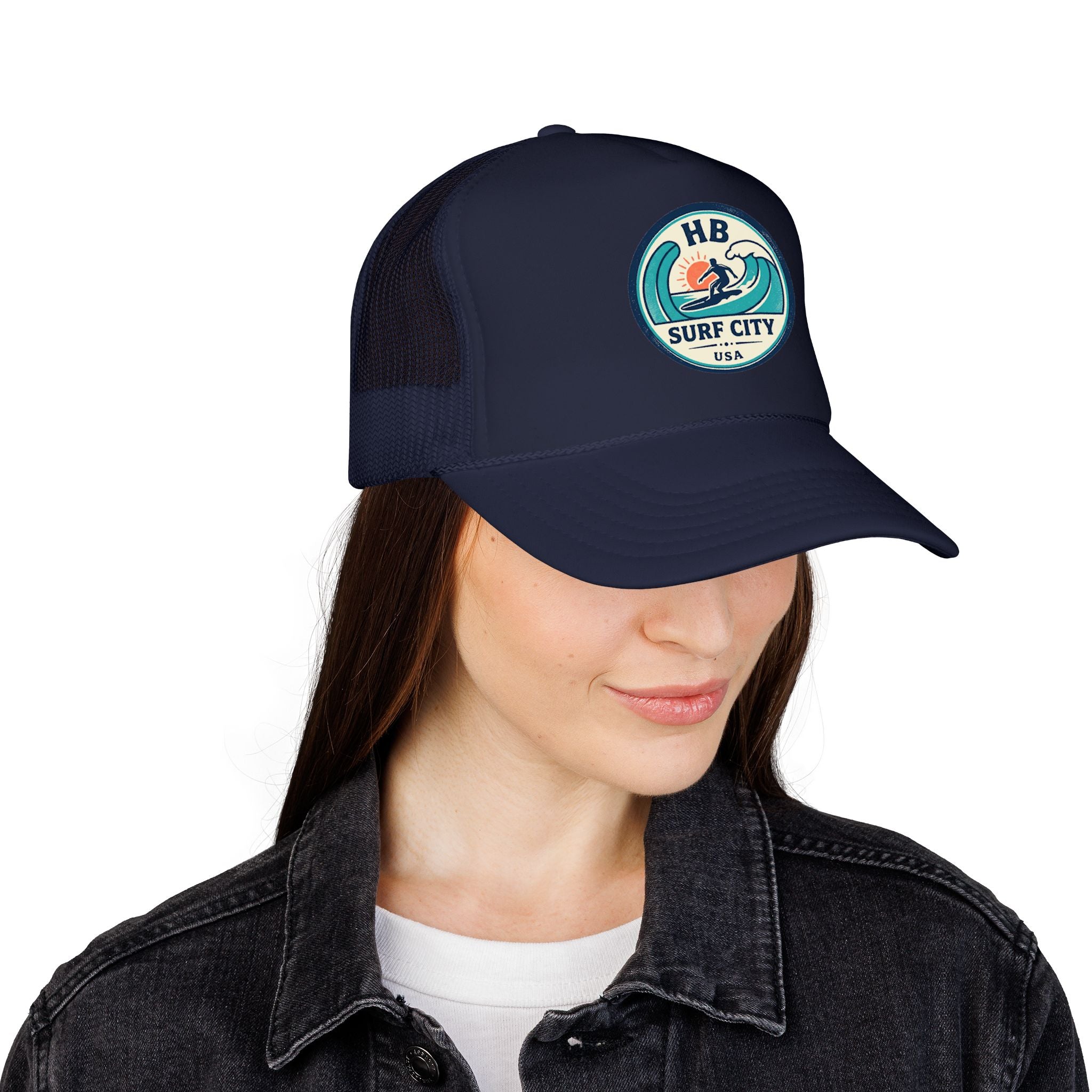 Surf City HB Trucker Hat — Retro Wave Surf Patch Foam Cap