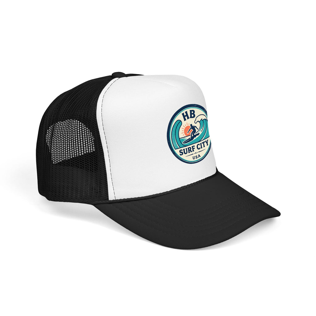 Surf City HB Trucker Hat — Retro Wave Surf Patch Foam Cap