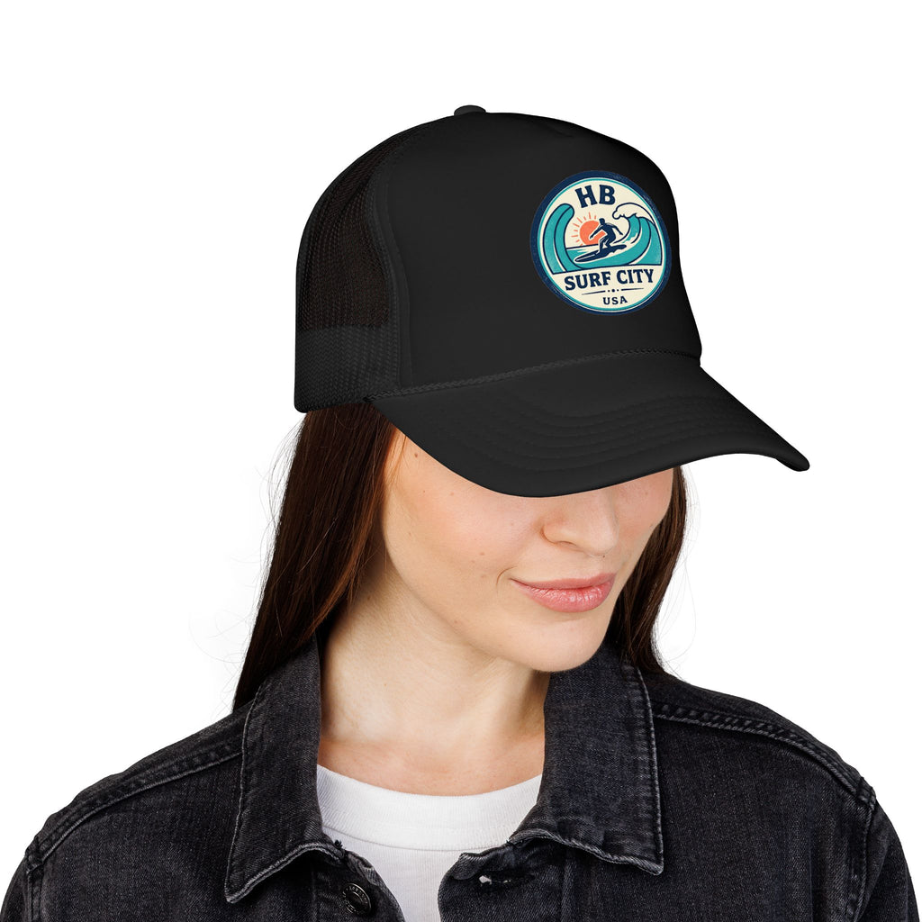 Surf City HB Trucker Hat — Retro Wave Surf Patch Foam Cap