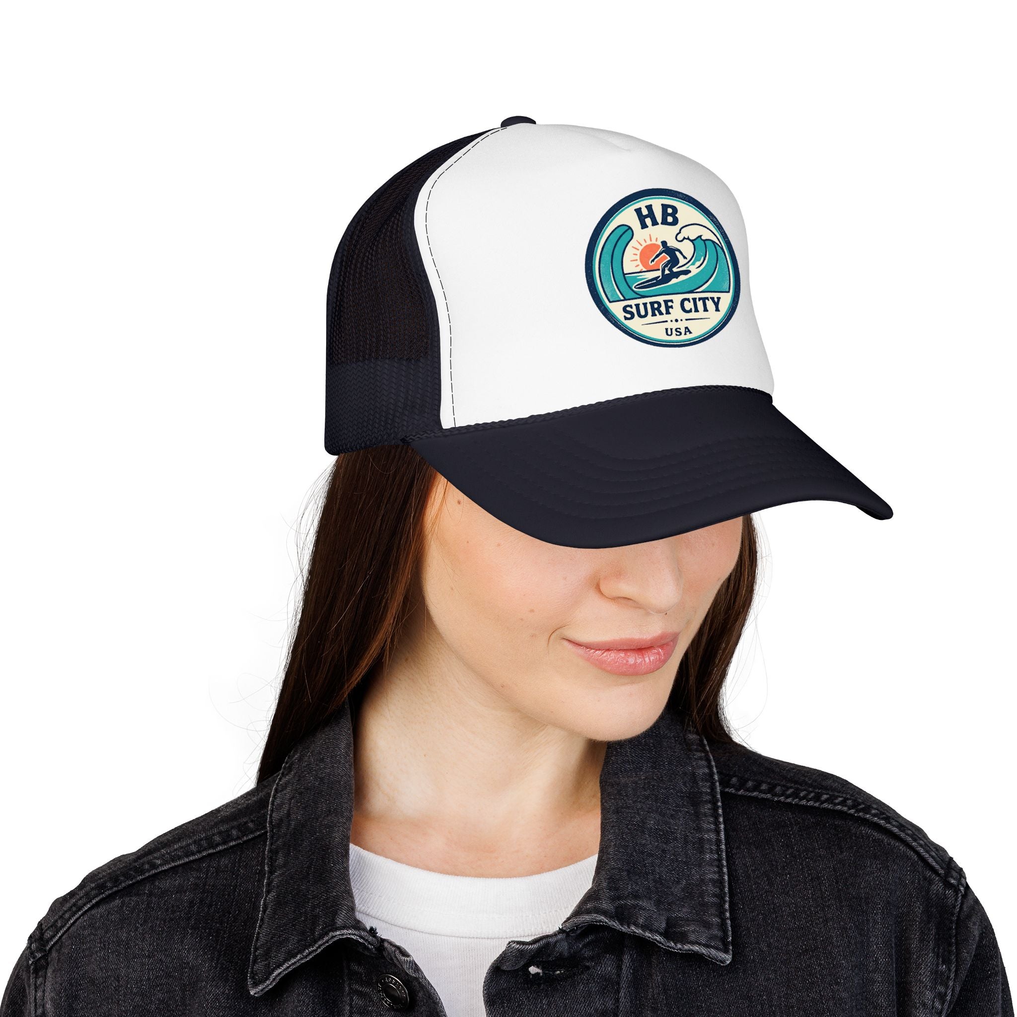 Surf City HB Trucker Hat — Retro Wave Surf Patch Foam Cap