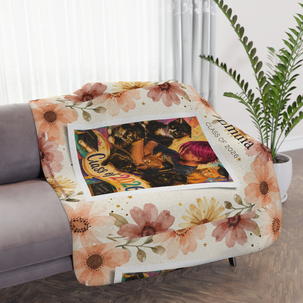 Personalized Graduation Sherpa Blanket — "Class of 2026" Floral Photo Throw