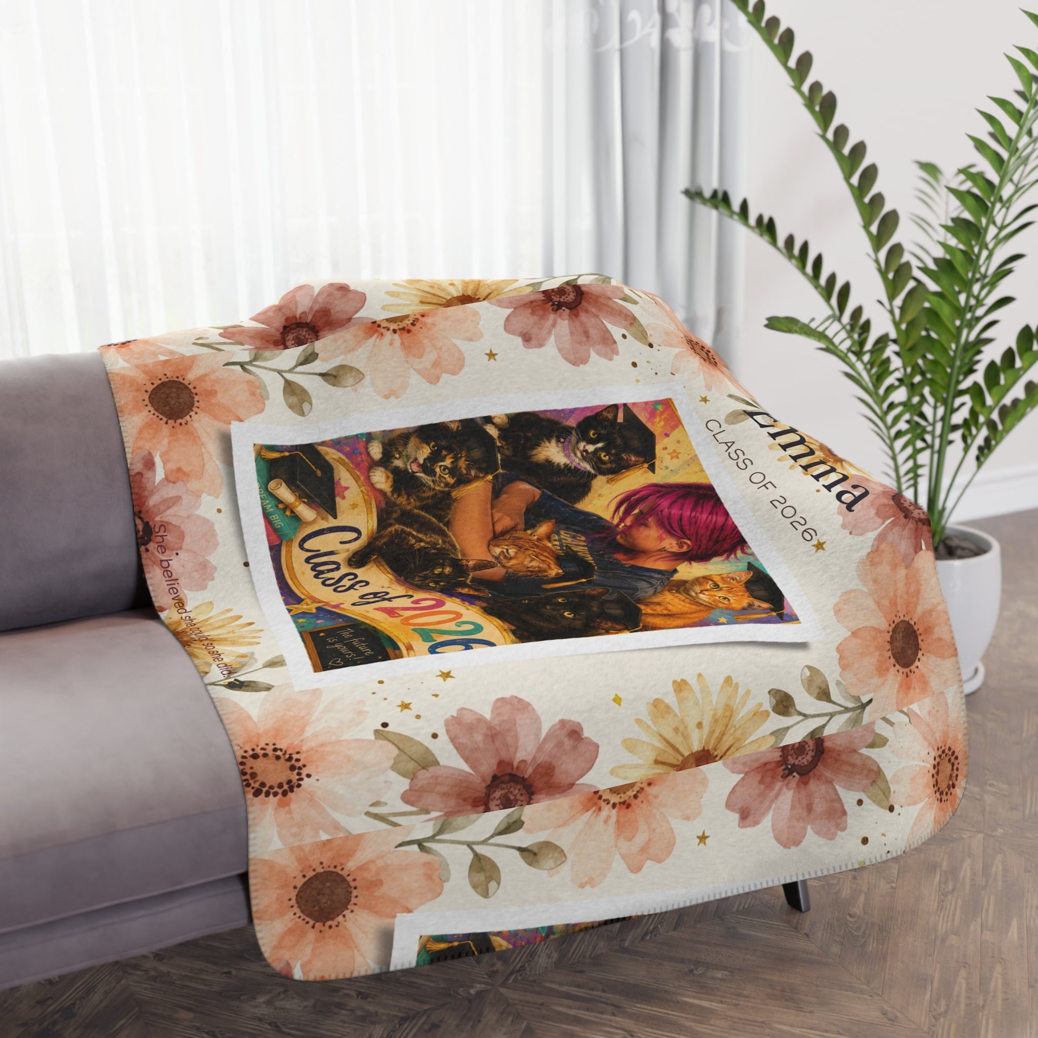 Personalized Graduation Sherpa Blanket — "Class of 2026" Floral Photo Throw