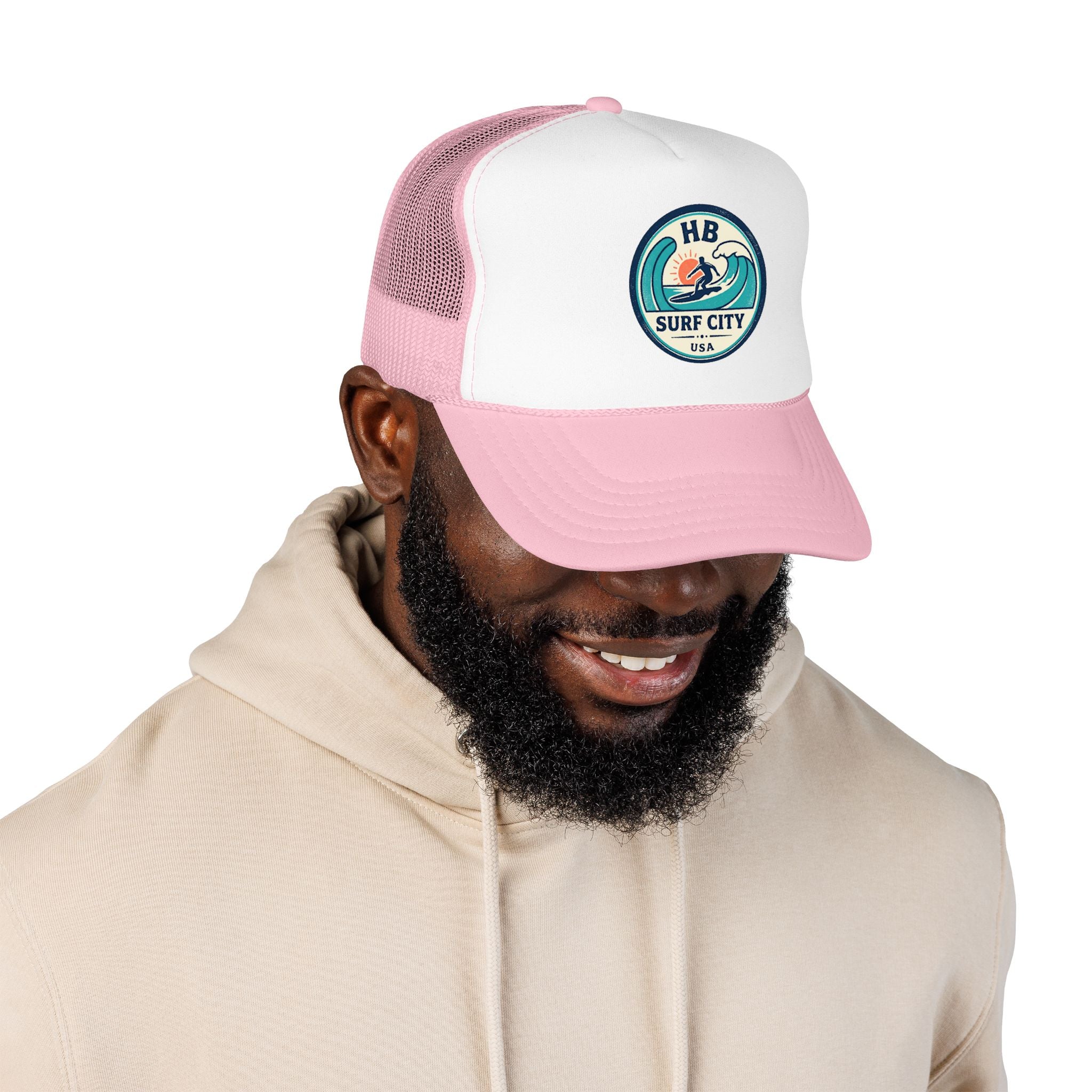 Surf City HB Trucker Hat — Retro Wave Surf Patch Foam Cap
