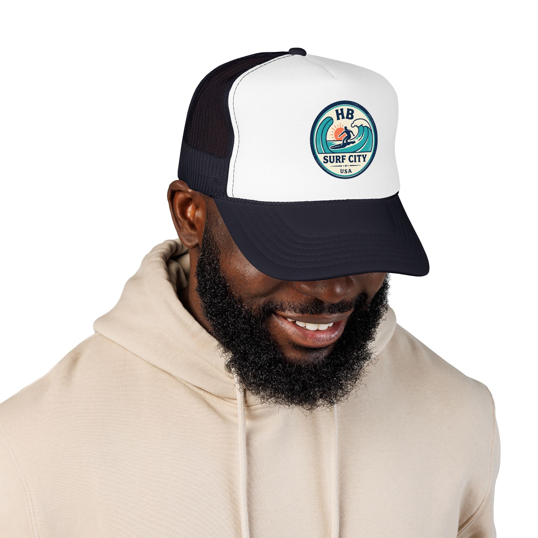 Surf City HB Trucker Hat — Retro Wave Surf Patch Foam Cap