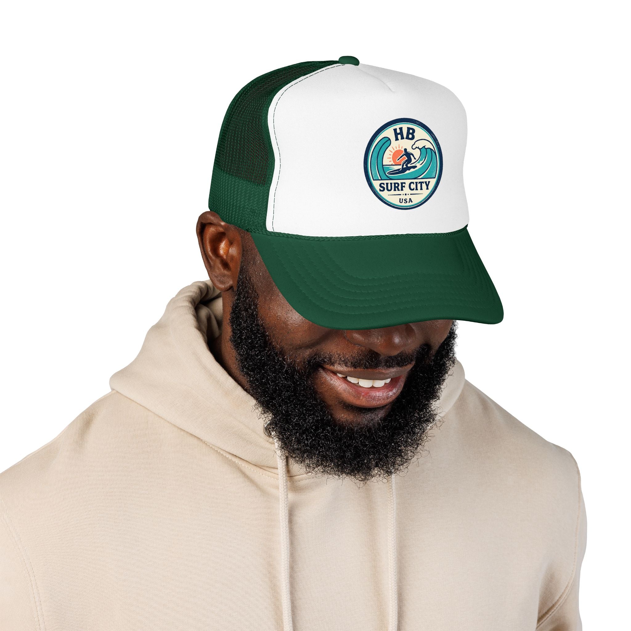 Surf City HB Trucker Hat — Retro Wave Surf Patch Foam Cap