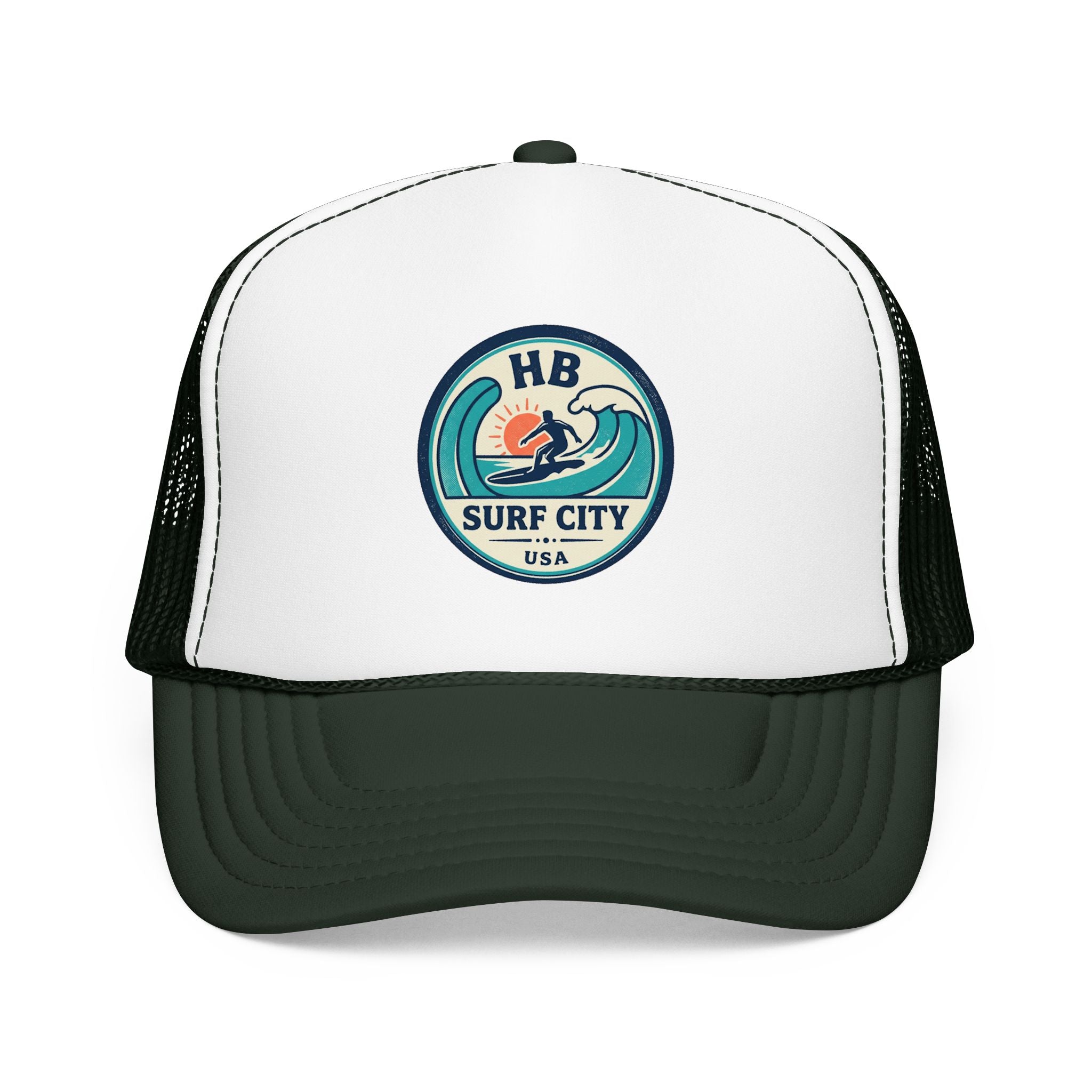 Surf City HB Trucker Hat — Retro Wave Surf Patch Foam Cap