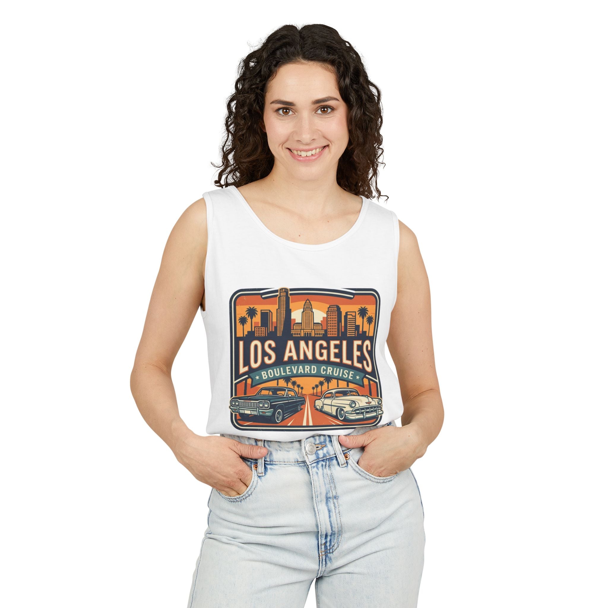 Los Angeles Boulevard Cruise Tank Top — Vintage City Skyline & Classic Cars