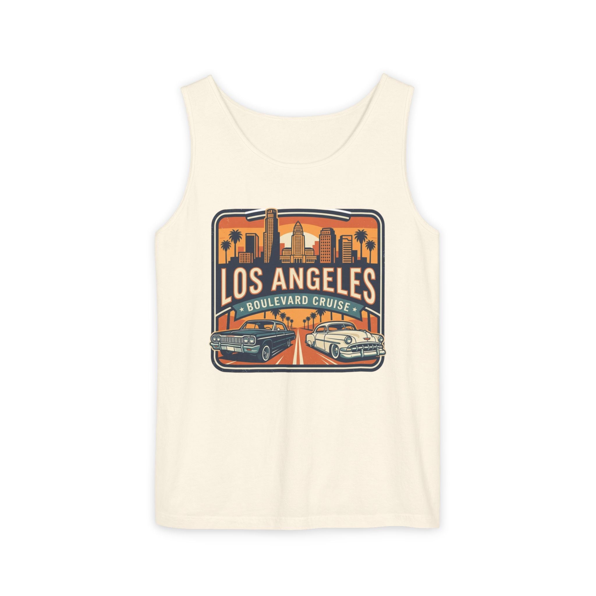 Los Angeles Boulevard Cruise Tank Top — Vintage City Skyline & Classic Cars