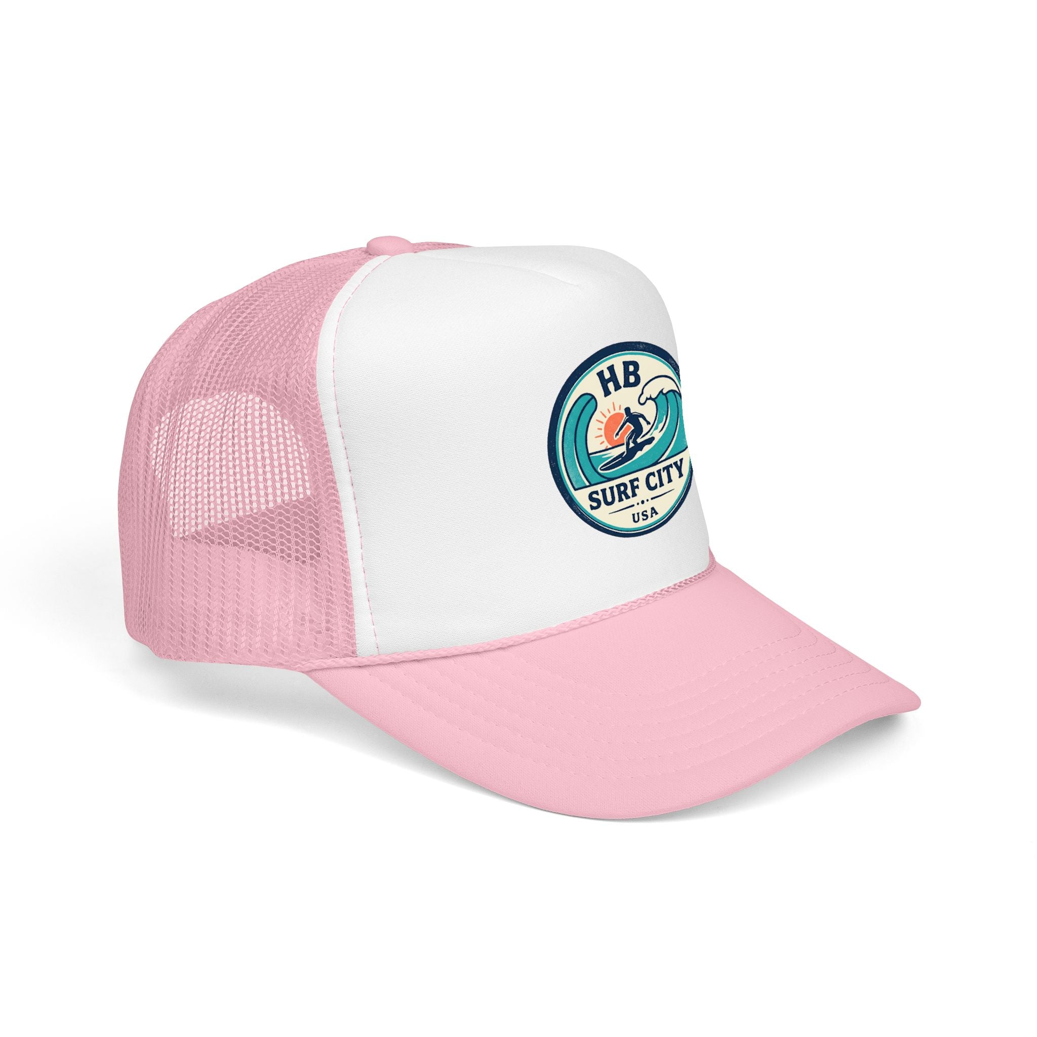 Surf City HB Trucker Hat — Retro Wave Surf Patch Foam Cap