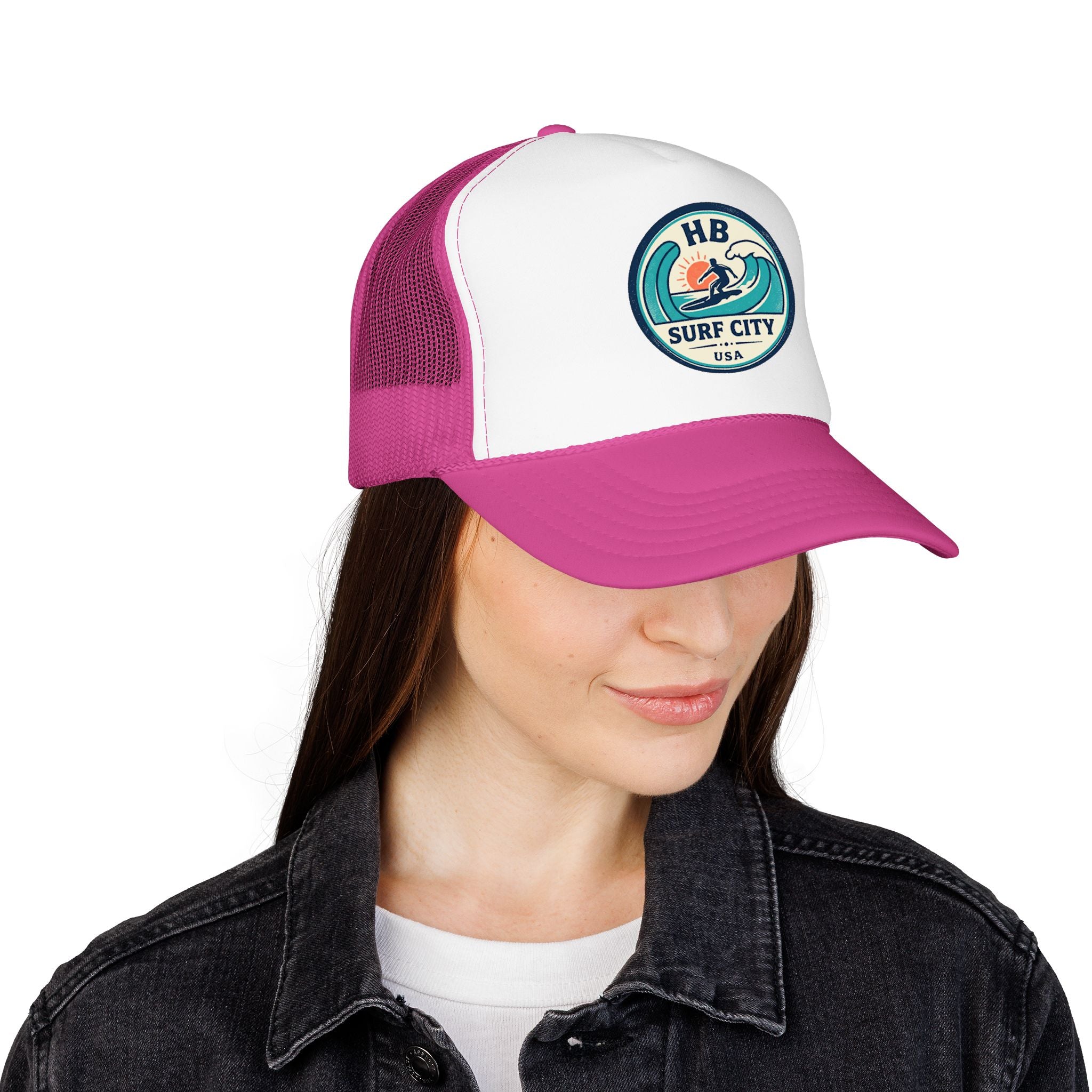 Surf City HB Trucker Hat — Retro Wave Surf Patch Foam Cap
