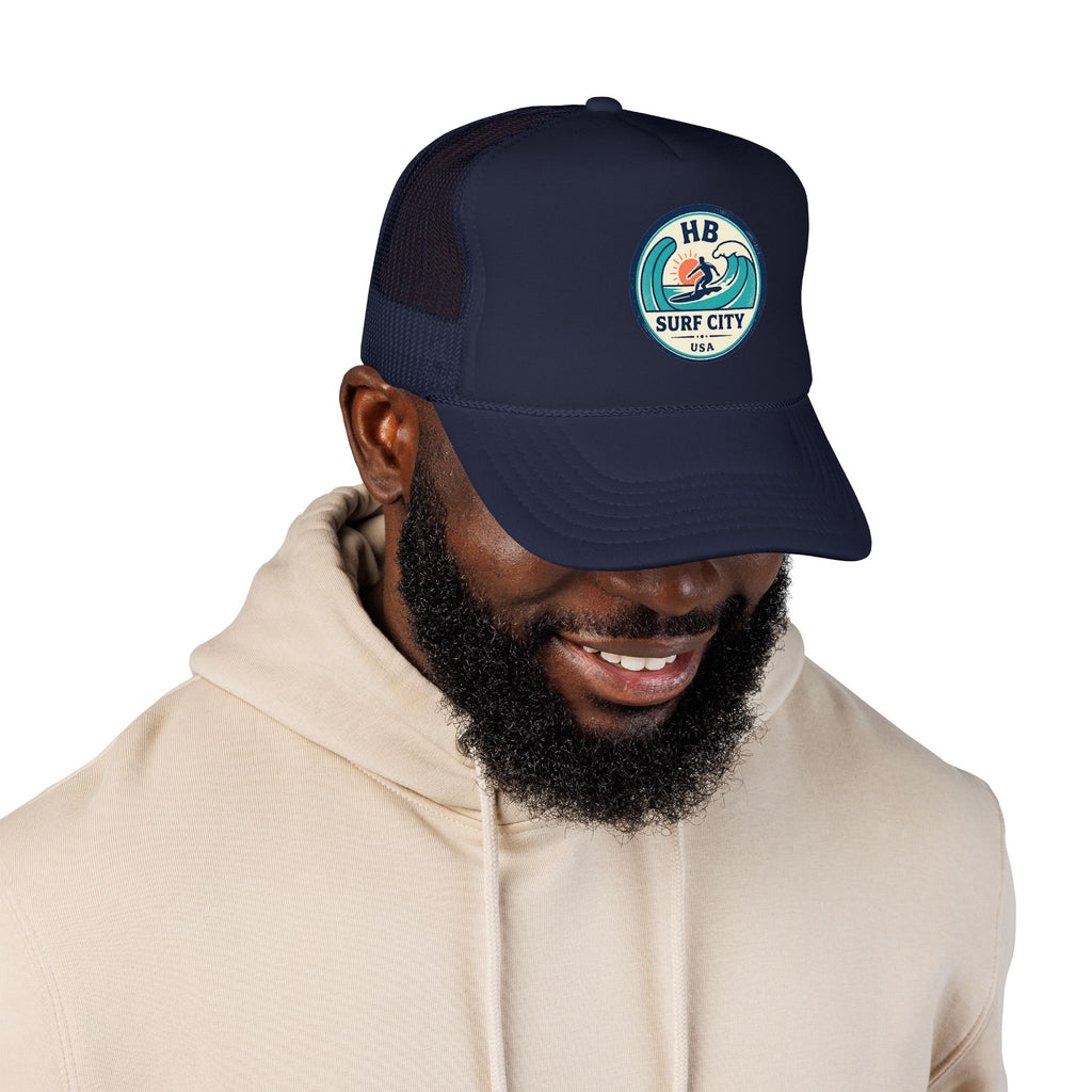Surf City HB Trucker Hat — Retro Wave Surf Patch Foam Cap