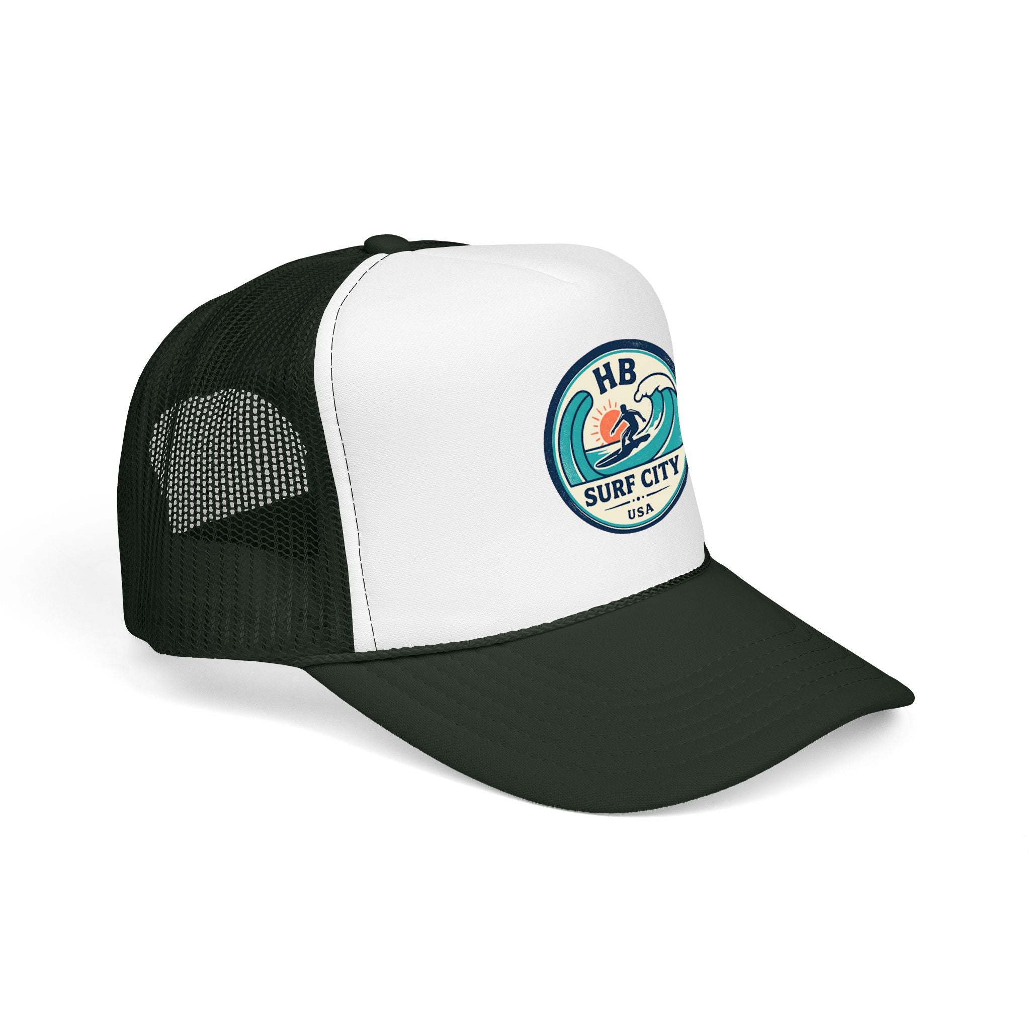 Surf City HB Trucker Hat — Retro Wave Surf Patch Foam Cap