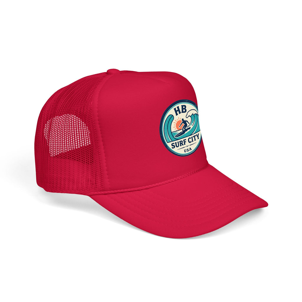 Surf City HB Trucker Hat — Retro Wave Surf Patch Foam Cap