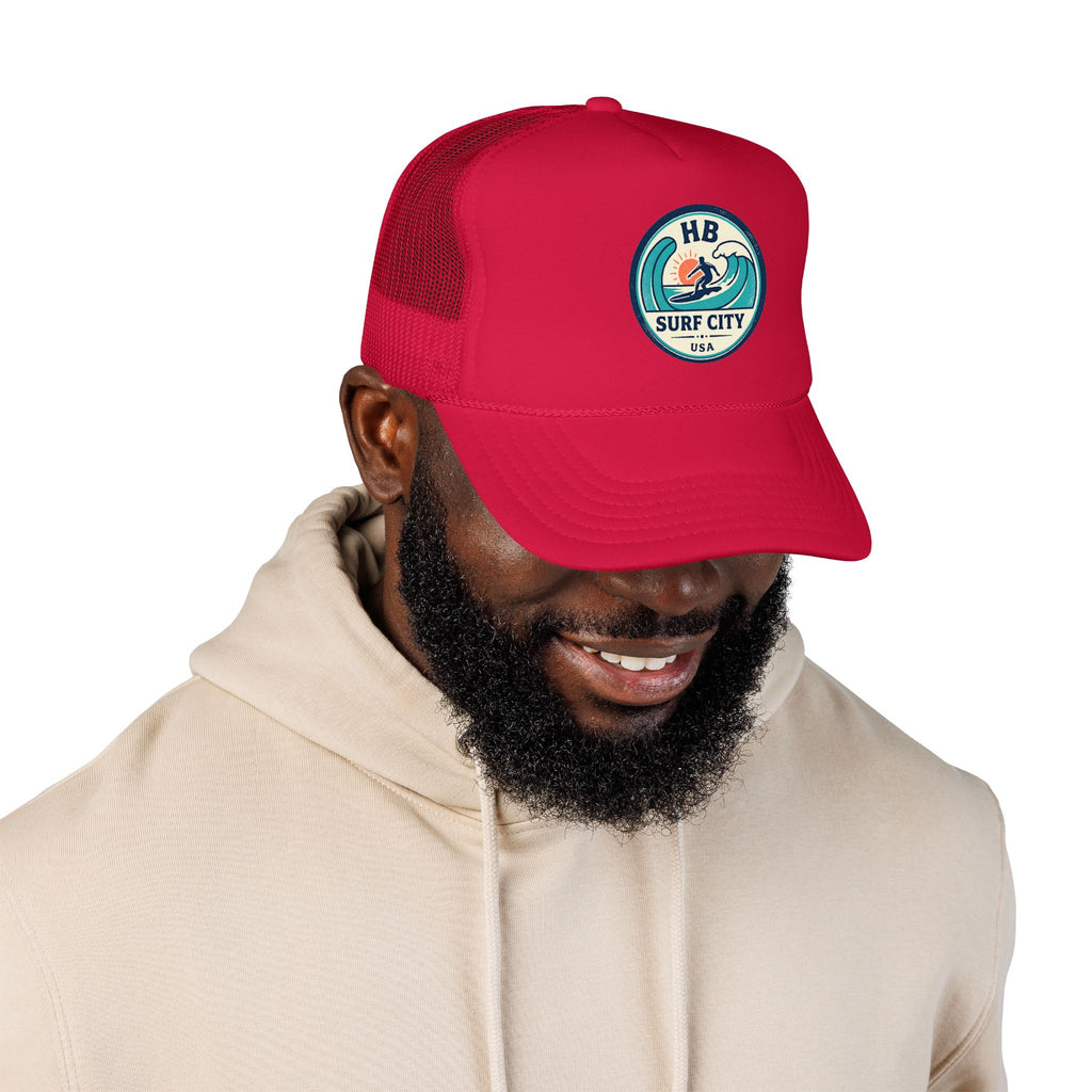 Surf City HB Trucker Hat — Retro Wave Surf Patch Foam Cap