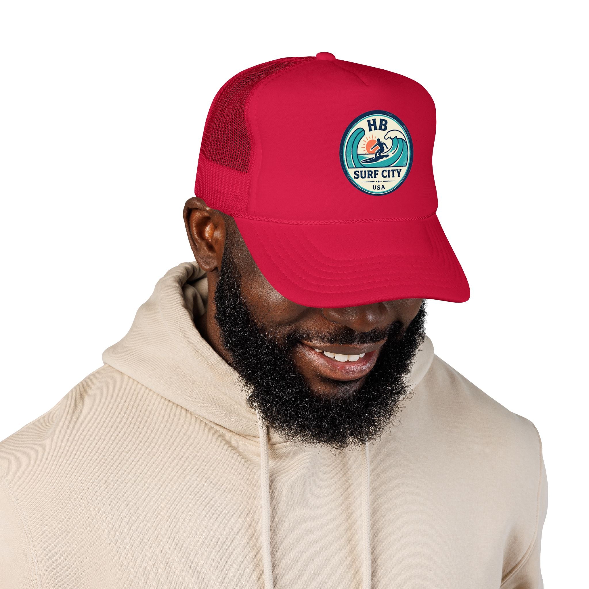 Surf City HB Trucker Hat — Retro Wave Surf Patch Foam Cap