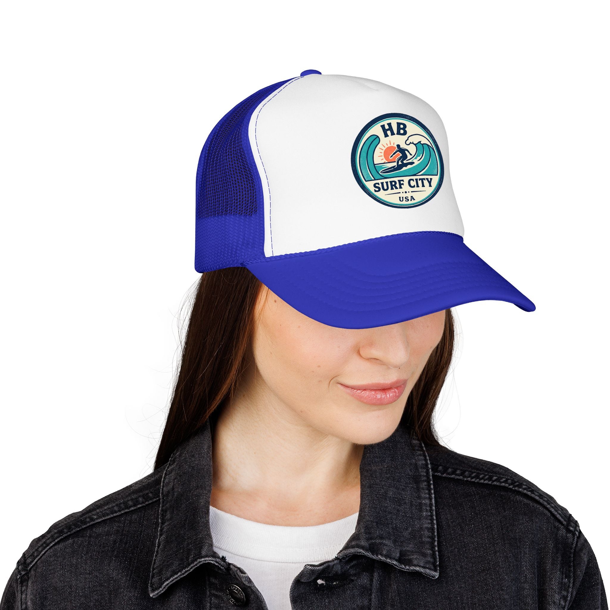 Surf City HB Trucker Hat — Retro Wave Surf Patch Foam Cap