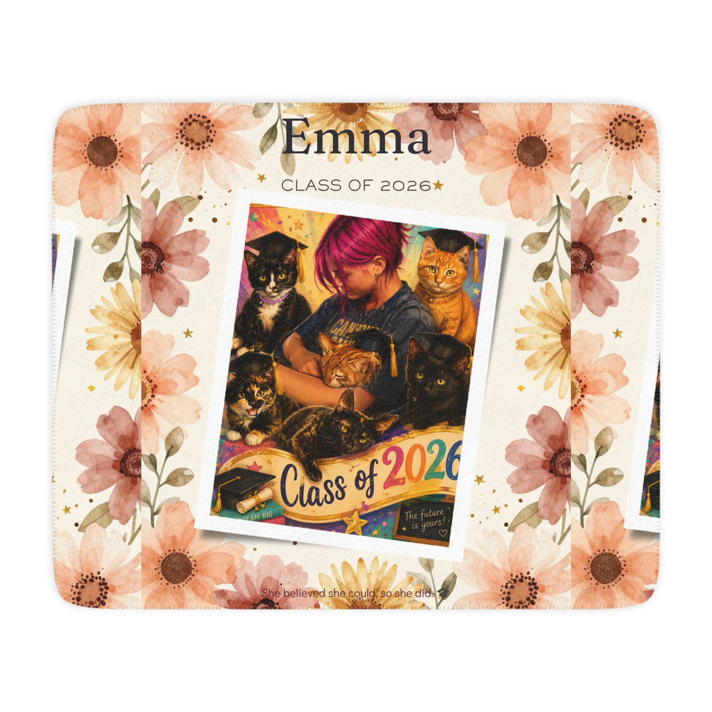 Personalized Graduation Sherpa Blanket — "Class of 2026" Floral Photo Throw