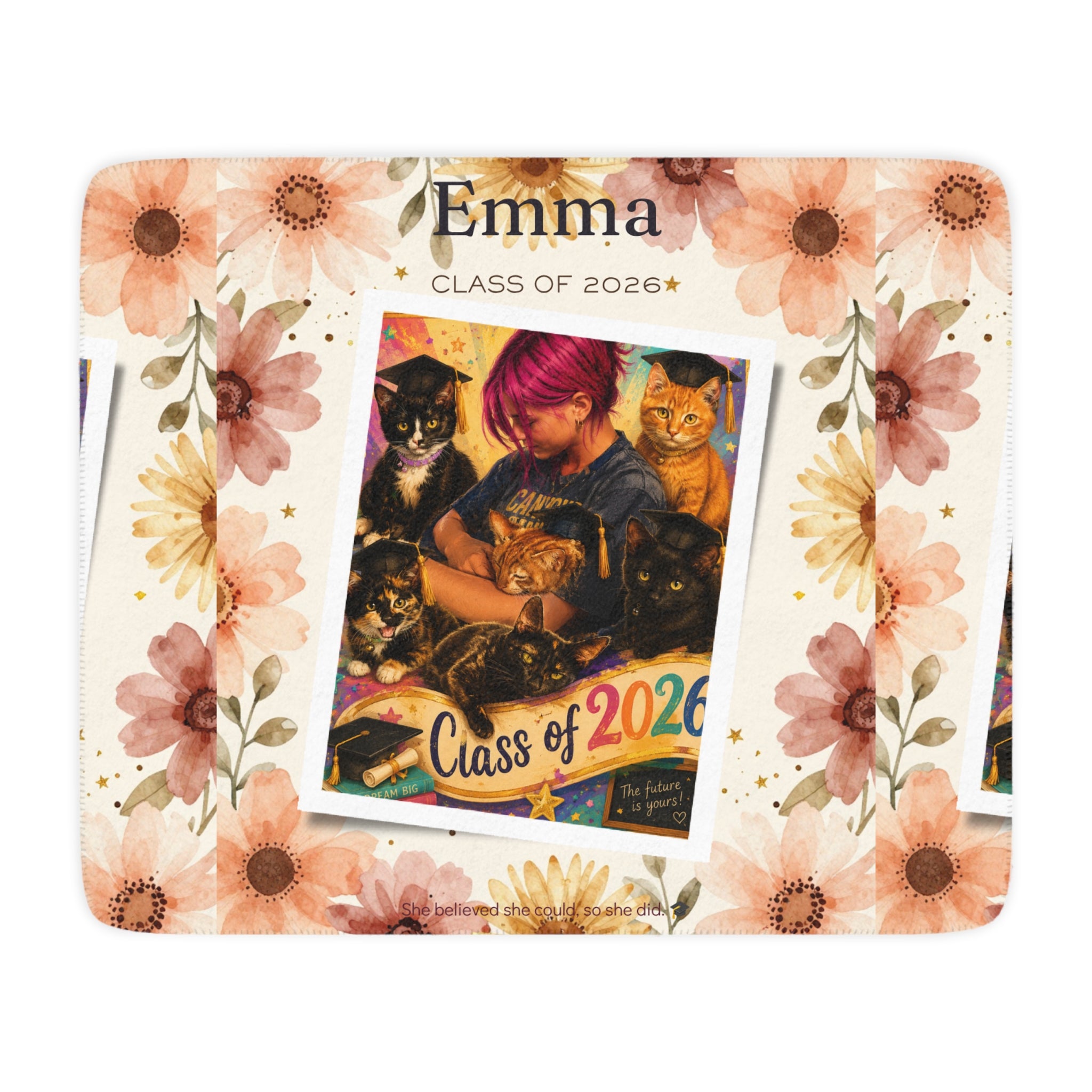 Personalized Graduation Sherpa Blanket — "Class of 2026" Floral Photo Throw