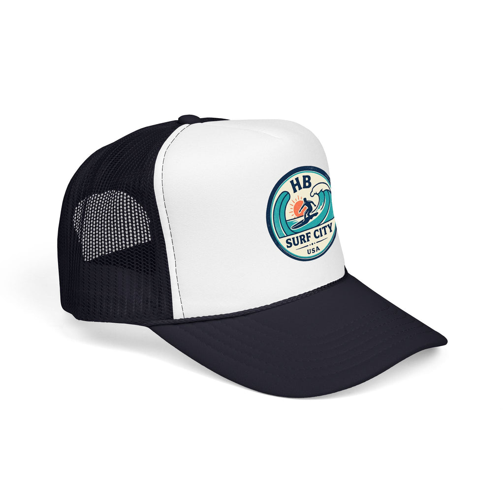 Surf City HB Trucker Hat — Retro Wave Surf Patch Foam Cap
