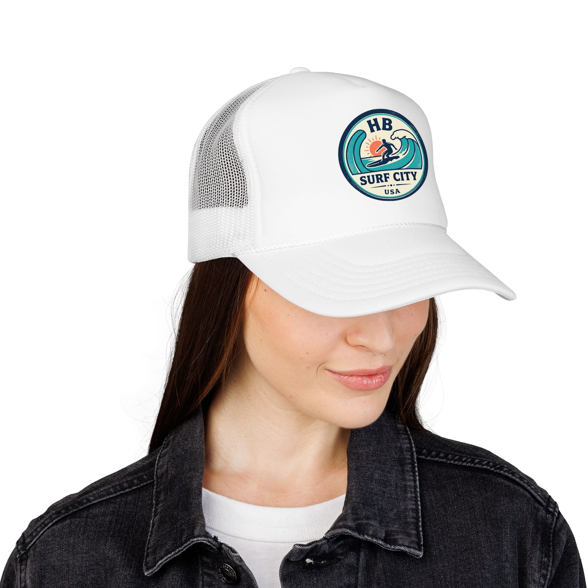Surf City HB Trucker Hat — Retro Wave Surf Patch Foam Cap