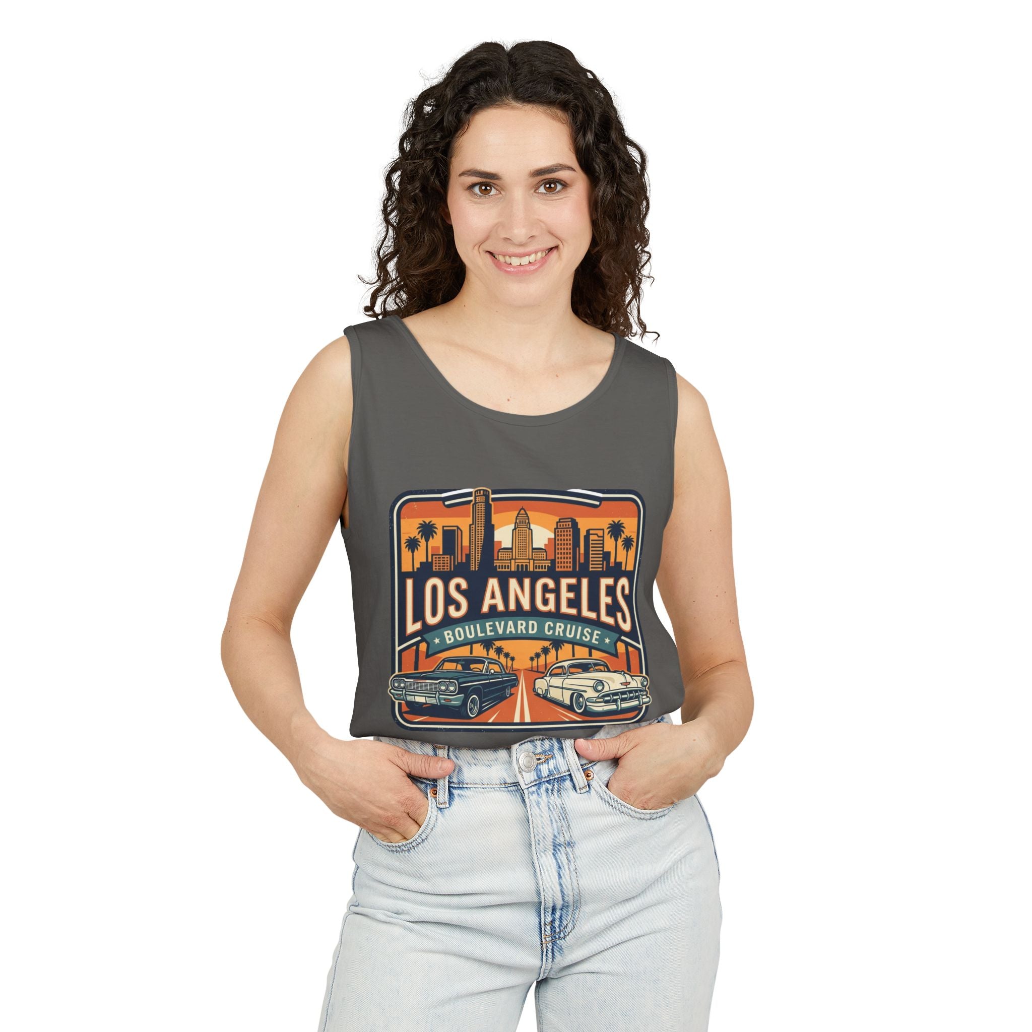 Los Angeles Boulevard Cruise Tank Top — Vintage City Skyline & Classic Cars