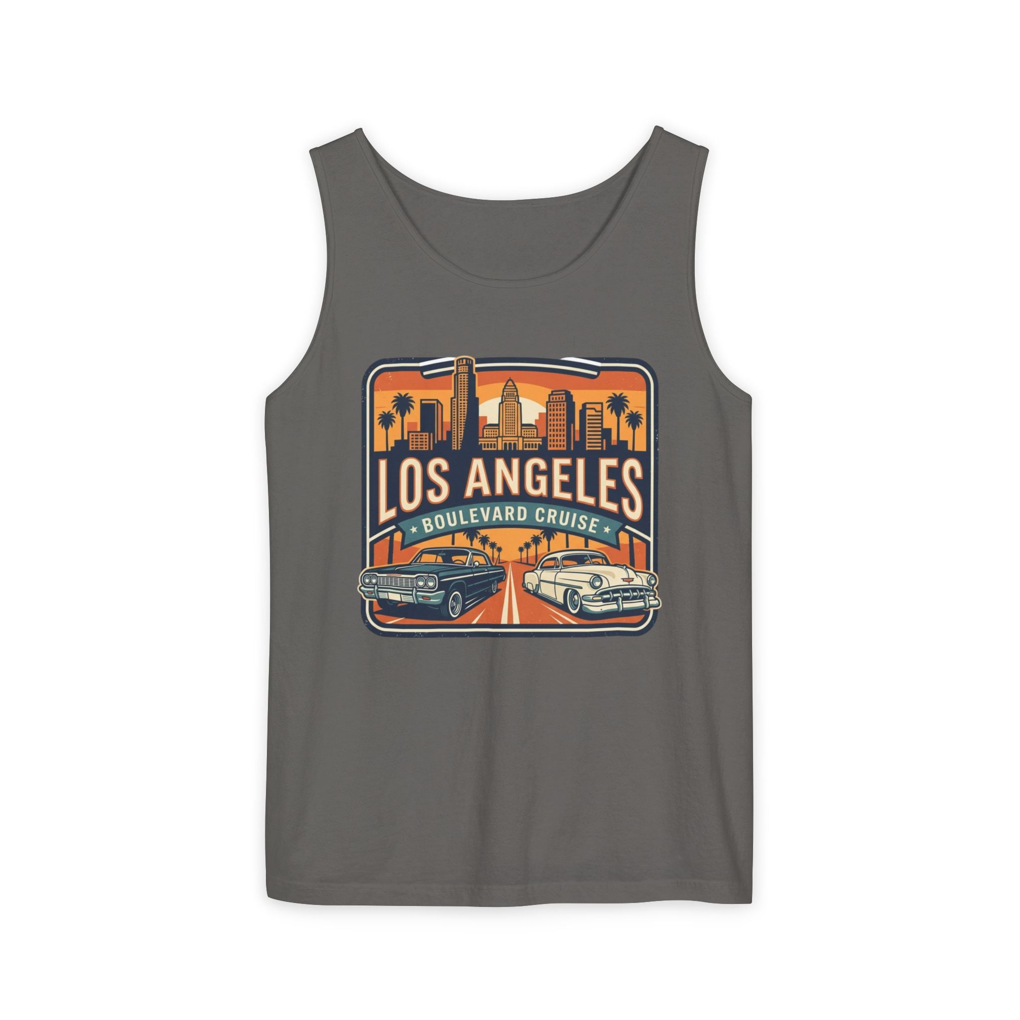 Los Angeles Boulevard Cruise Tank Top — Vintage City Skyline & Classic Cars