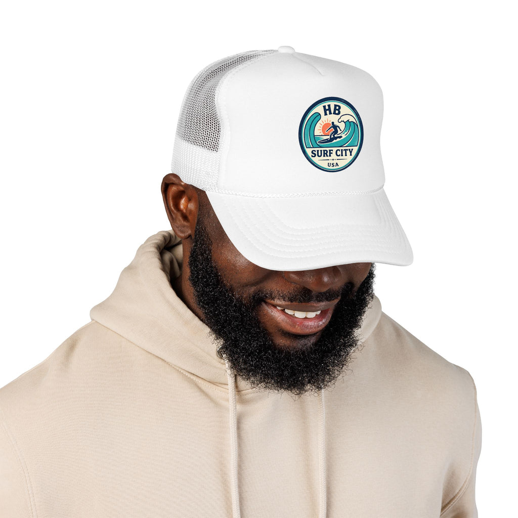 Surf City HB Trucker Hat — Retro Wave Surf Patch Foam Cap